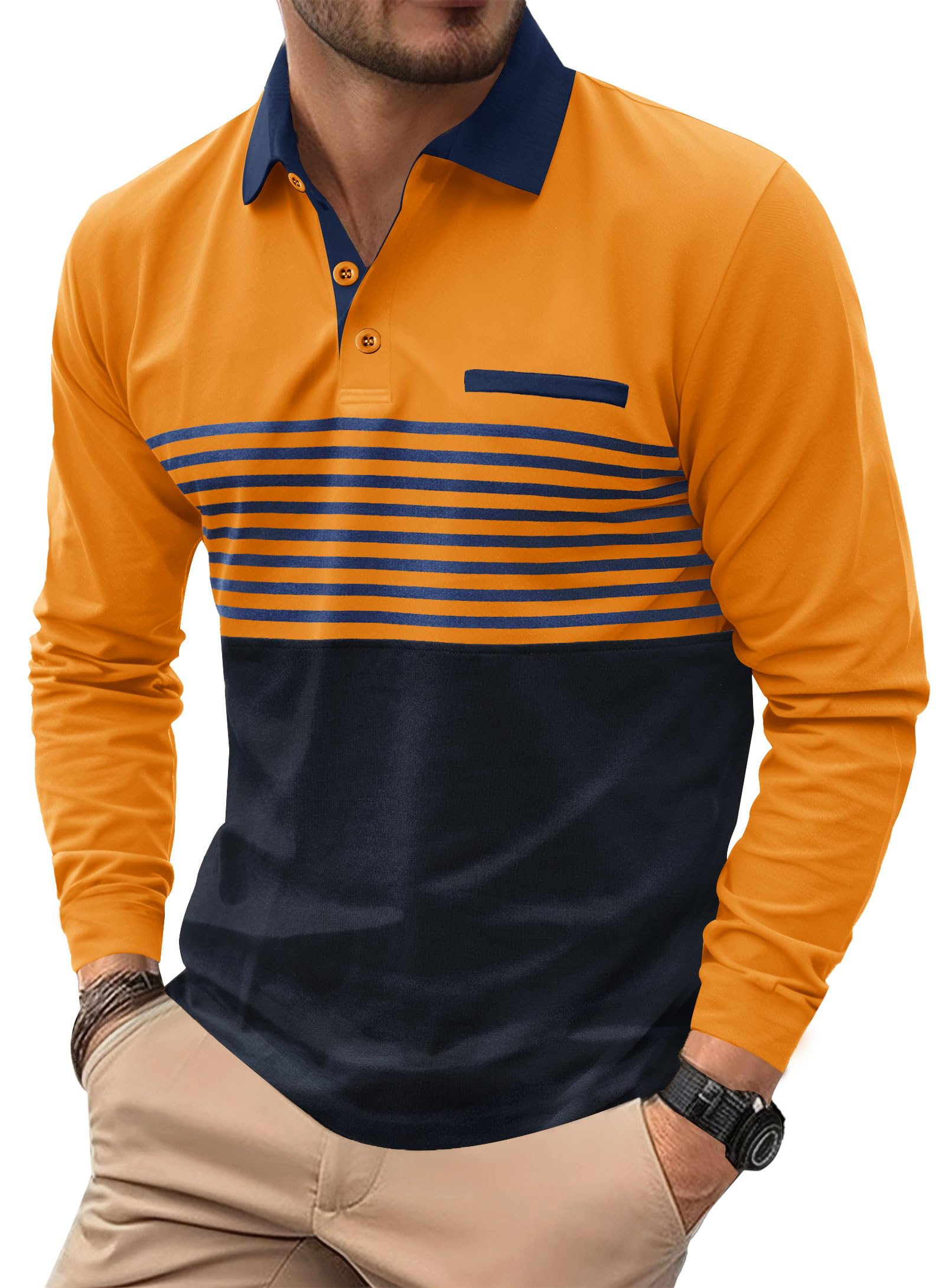 Mens Long Sleeve Collared Shirts Casual Striped Polo