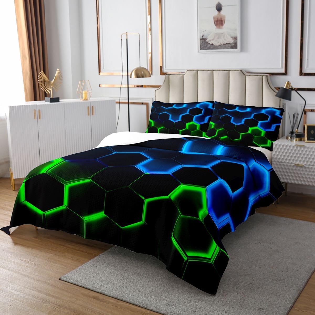 Castle Fairy Honeycomb Bedspread Twin Size,Hexagon Theme with Green Blue Neon Lights Comforter Set,Boys Teen Man Chic Creative Home Bedding Set 2pcs Quilt Set with 1 Pillowcase,Black