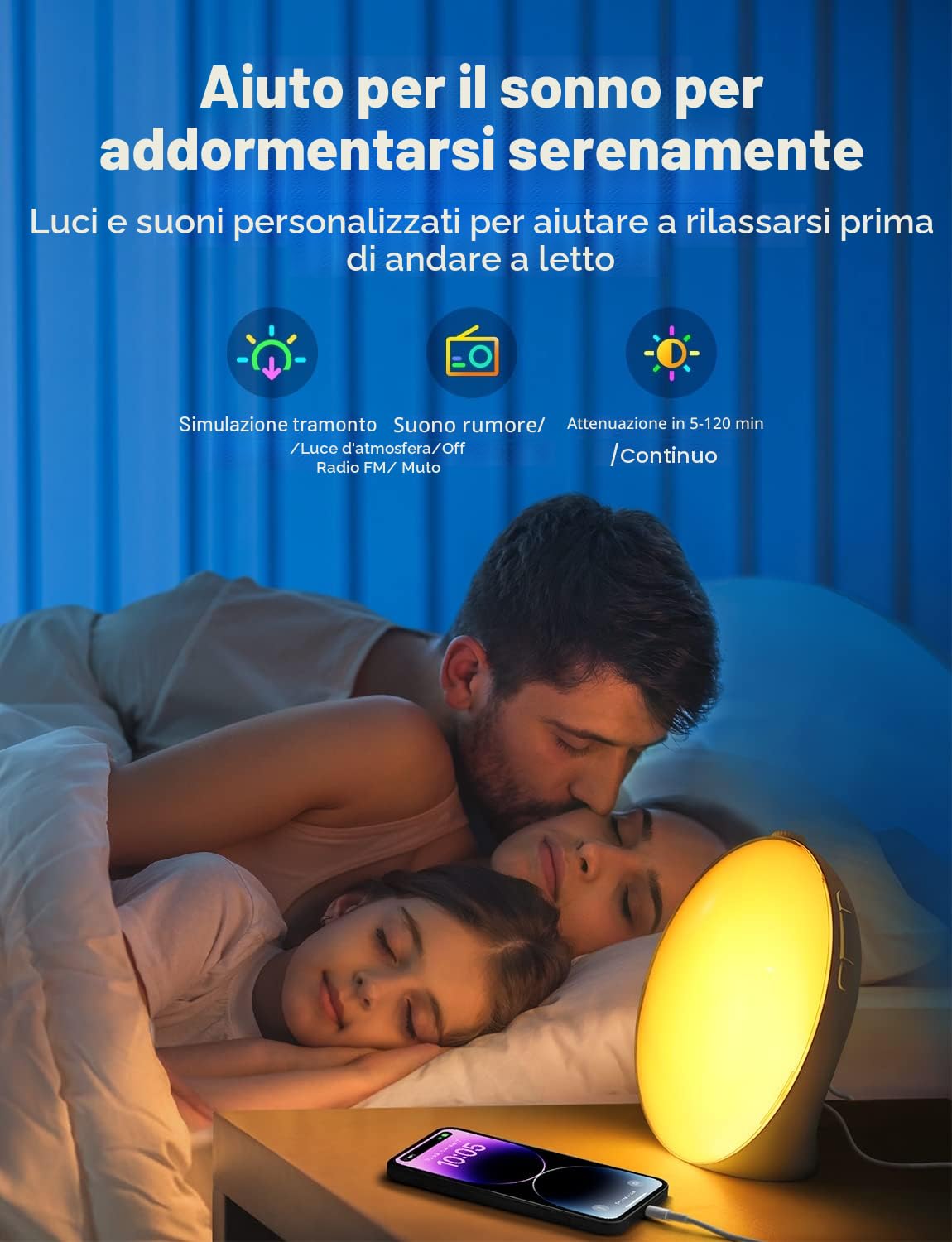 Dekala Sveglia Luce con Simulazione dell'Alba e del Tramonto, Vollbild Wake-Up Light Pulsante di Rotazione, Doppi Allarmi, Suoni Naturali, Snooze, Radio FM per Adulti e Bambini