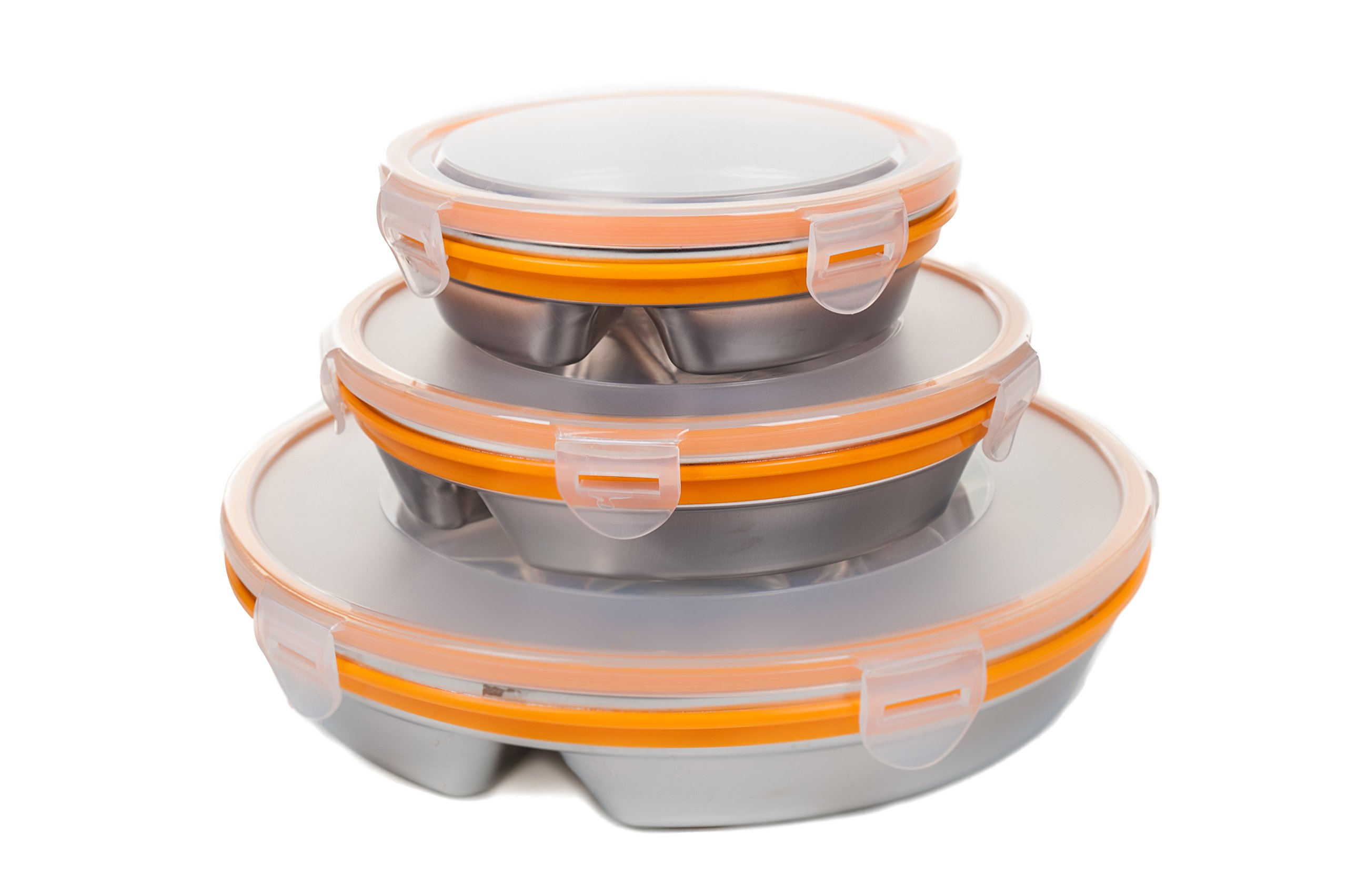 3 x Stainless Steel Meal Containers with Lids - Food Prep / Lunch Box with Compartments - Set of three sizes