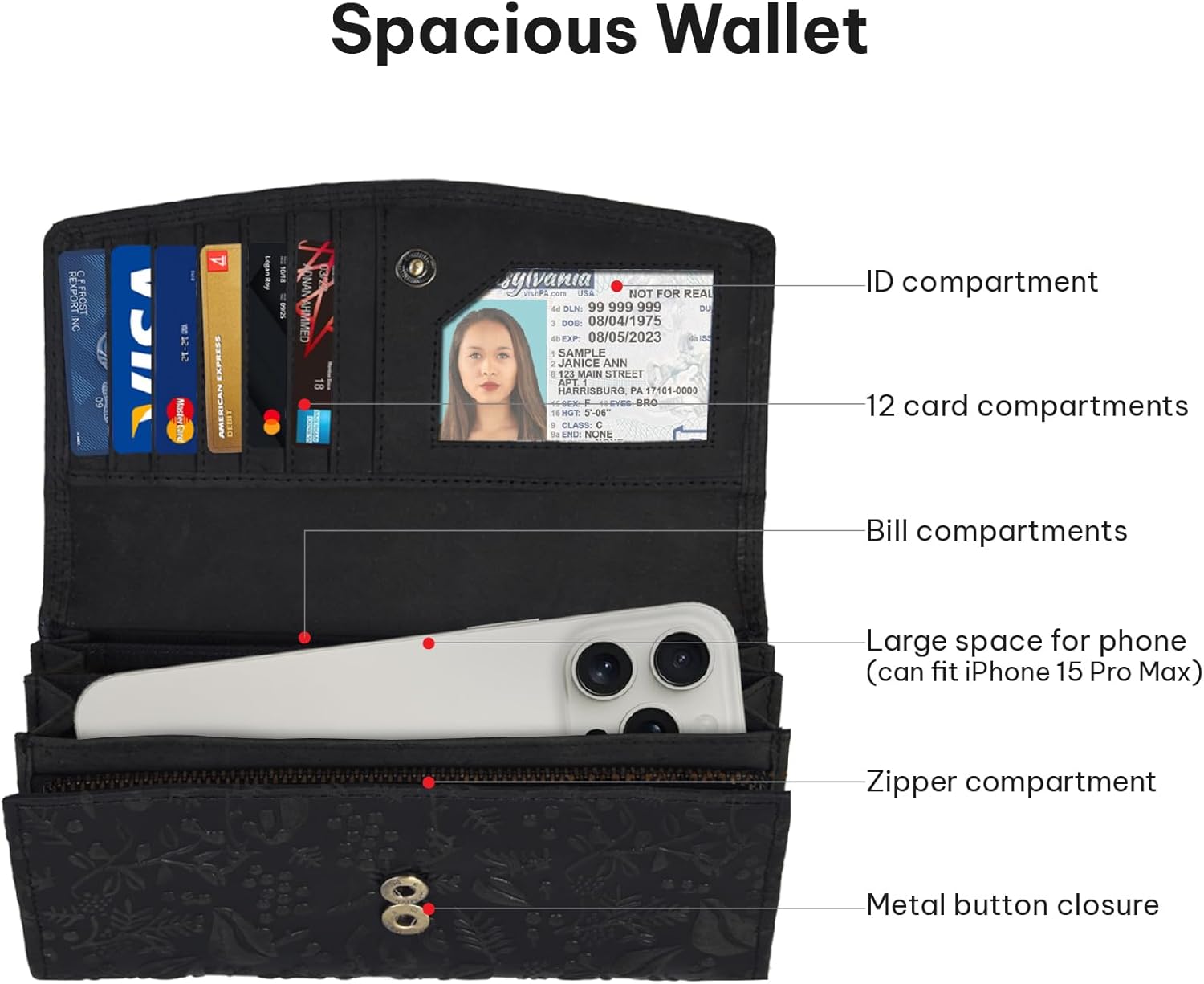 VALENCHI Women's Leather Wallet - RFID Blocking Wallet - Ladies Clutch Hand Purse With Card Holder Slots (Black Oily Hunter LW03) - Image 3