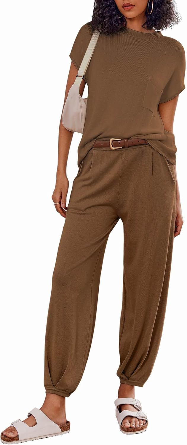 Ekouaer Two Piece Outfits Lounge Sets for Women Sweater Sets Knit Short Sleeve Tops Jogger Pants Matching Tracksuit