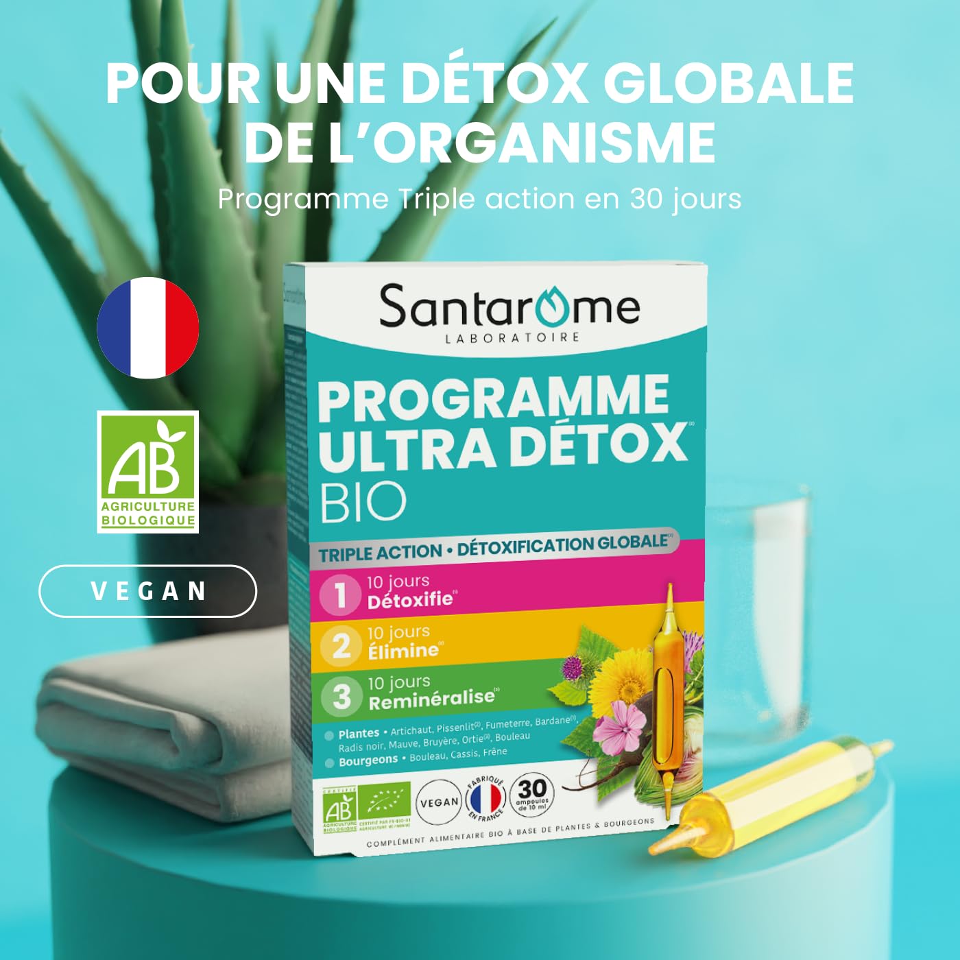 Santarome - Programme Ultra Détox | Complément Alimentaire Détox | Détoxe, Elimine, Reminéralise - A base de plantes - Artichaut, Radis Noir, Bardane | Cure 1 mois | Végan | Made In France