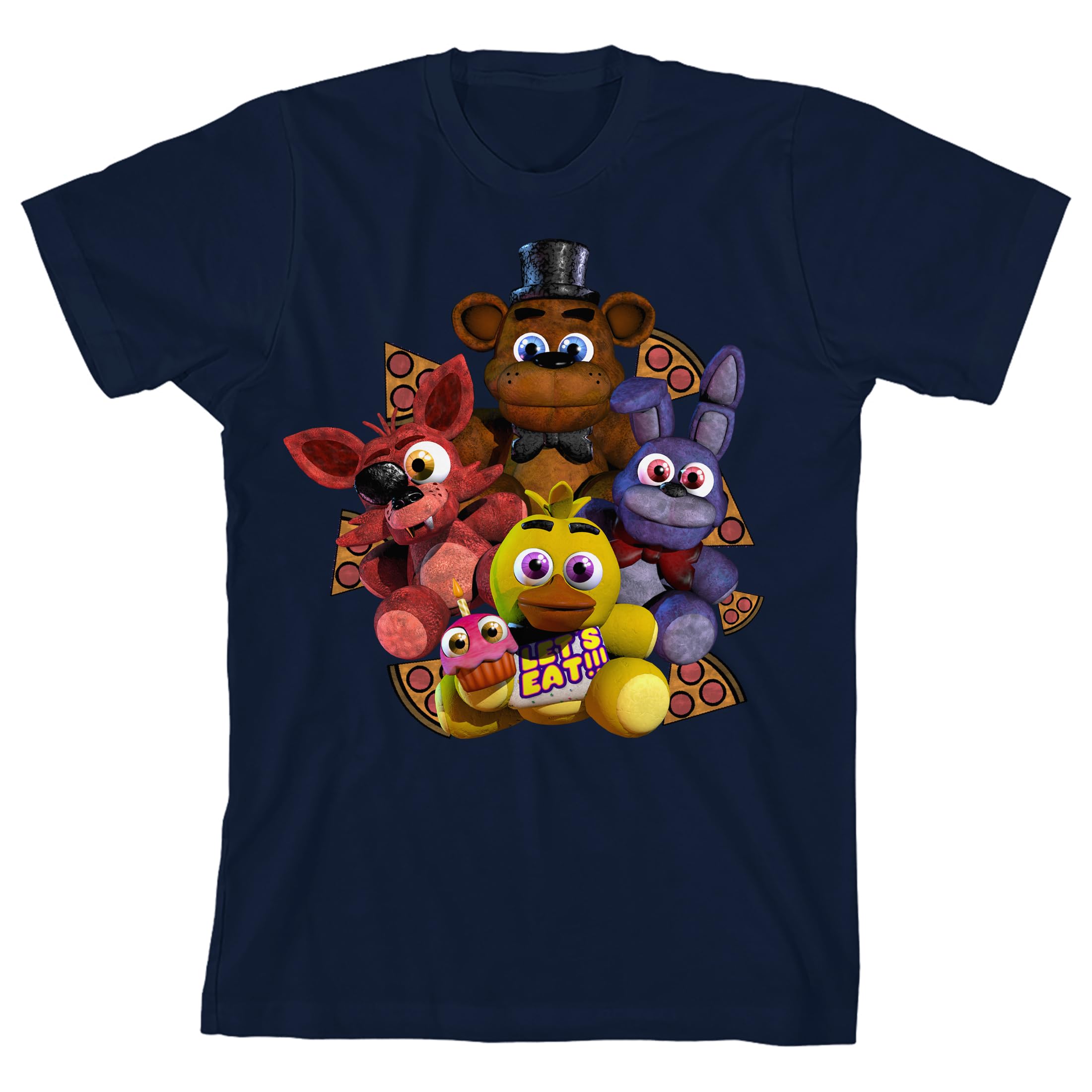Five Nights At Freddy's Plush Characters Group Shot Youth Navy Crew Neck Short Sleeve T-Shirt - Large
