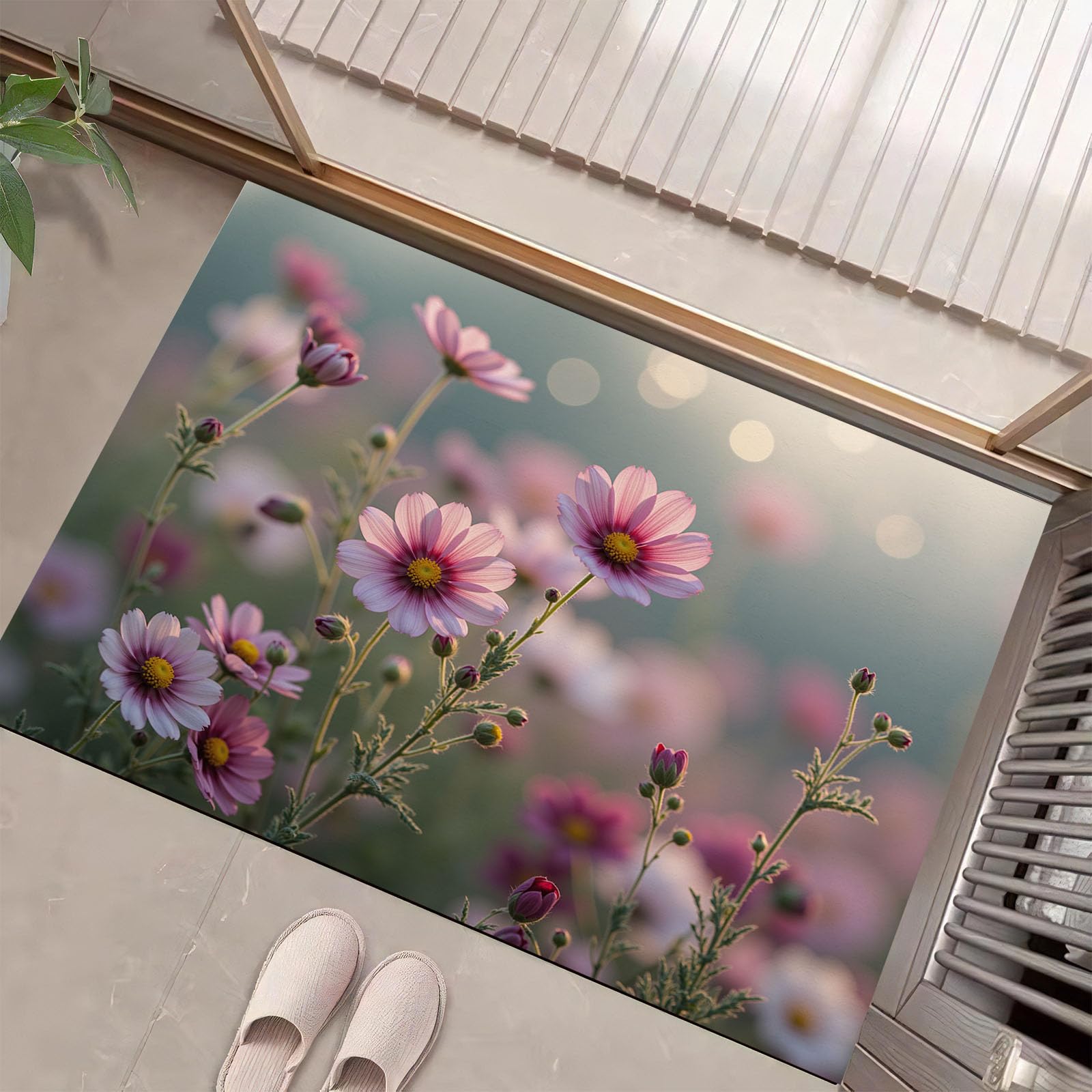 Paillasson de fleurs printanières : tapis lavable et antidérapant rose et vert