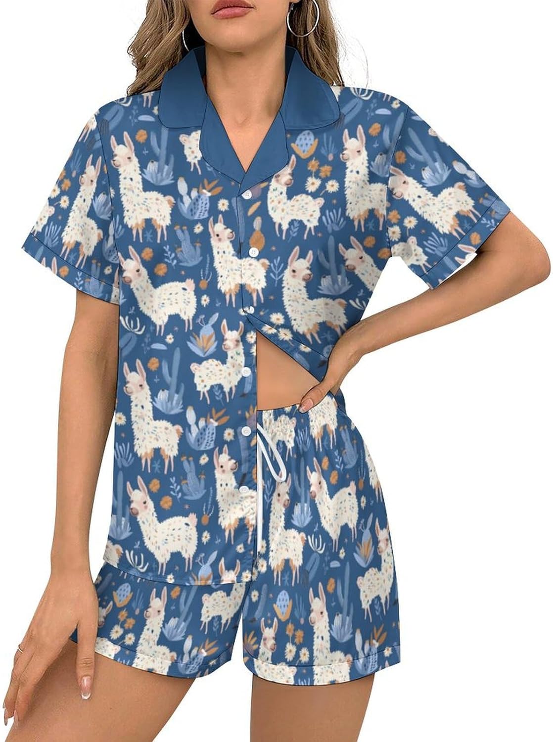 Women’s Pajama Set 2 Piece Loungewear Soft Satin Short Sleeve Sleepwear with Pockets XS-5XL