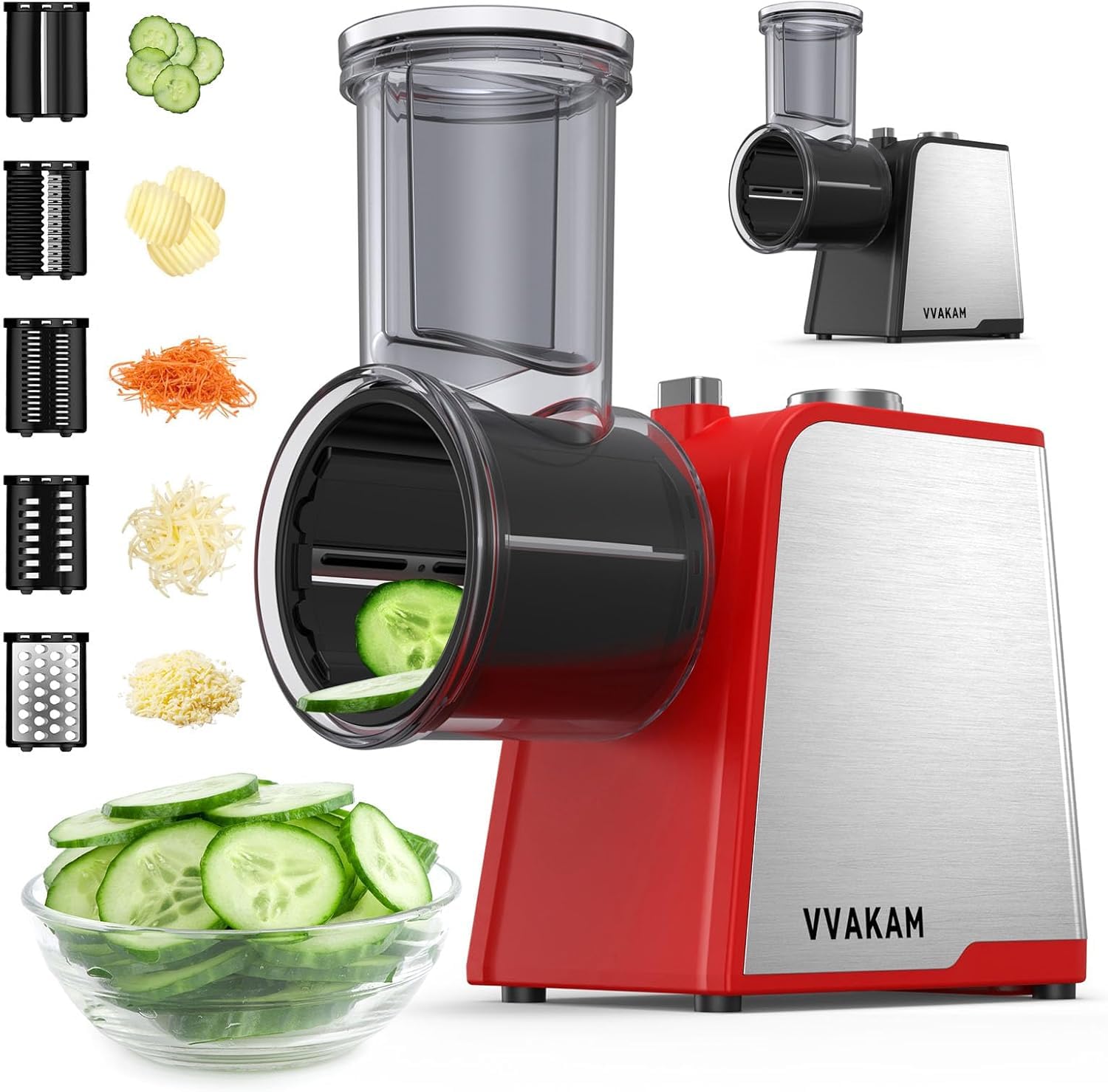 Electric Cheese Grater, 300W DC Motor Rotary Cheese Grater with 5 Different Shapes of Blades, Vegetable Cutter for Potato, Nuts, Kitchen Chopper with Non-slip Suction Base, Red