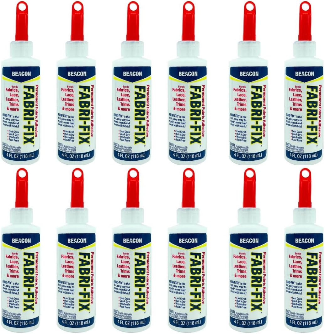 BEACON Fabri-Fix Bonding Solution - Fast Grab & Quick Dry for Fabric, Leather & More - No Heat, No Mess & Burn-Free, 4-Ounce, 12-Pack