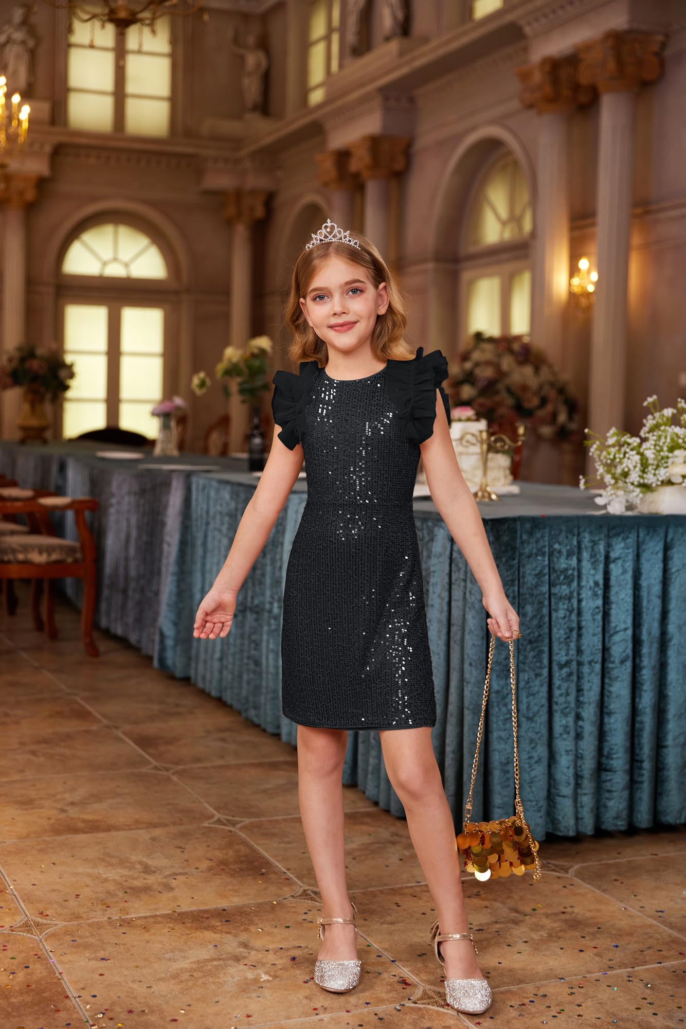GRACE KARIN Mädchen Glitzer Prinzessin Kleider Flatterärmel Tüllkleid | Zweiteiliges Set bestehend aus Kleid und Überrock,Gefüttert,Leicht Dehnbar,Party,Geburtstag