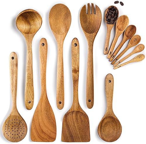 Cucharas de madera para cocinar, juego de 13 utensilios de cocina de madera de acacia, incluye cuchara de madera, espátula, cucharón de sopa,
