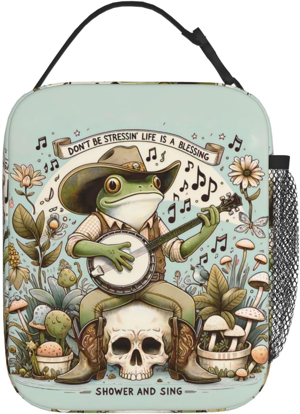 Musical Frog Polyester Lunch Box for Kids Teen,Cool Reusable Thermal Lunch Bag for Adult Women,Green Insulated Tote Cooler Bags for School,Work,Picnic,Travel,Playful Country Music Theme image 3