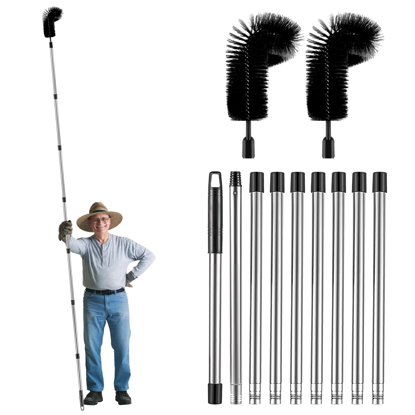 ACESOME Gutter Cleaning Tools, 11.4FT Adjustable Telescopic Gutter Cleaner with 2 Brush Head, 9 Poles Hedgehog Gutter Brush for Removal of Leaves, Debris & Cobwebs (Black)