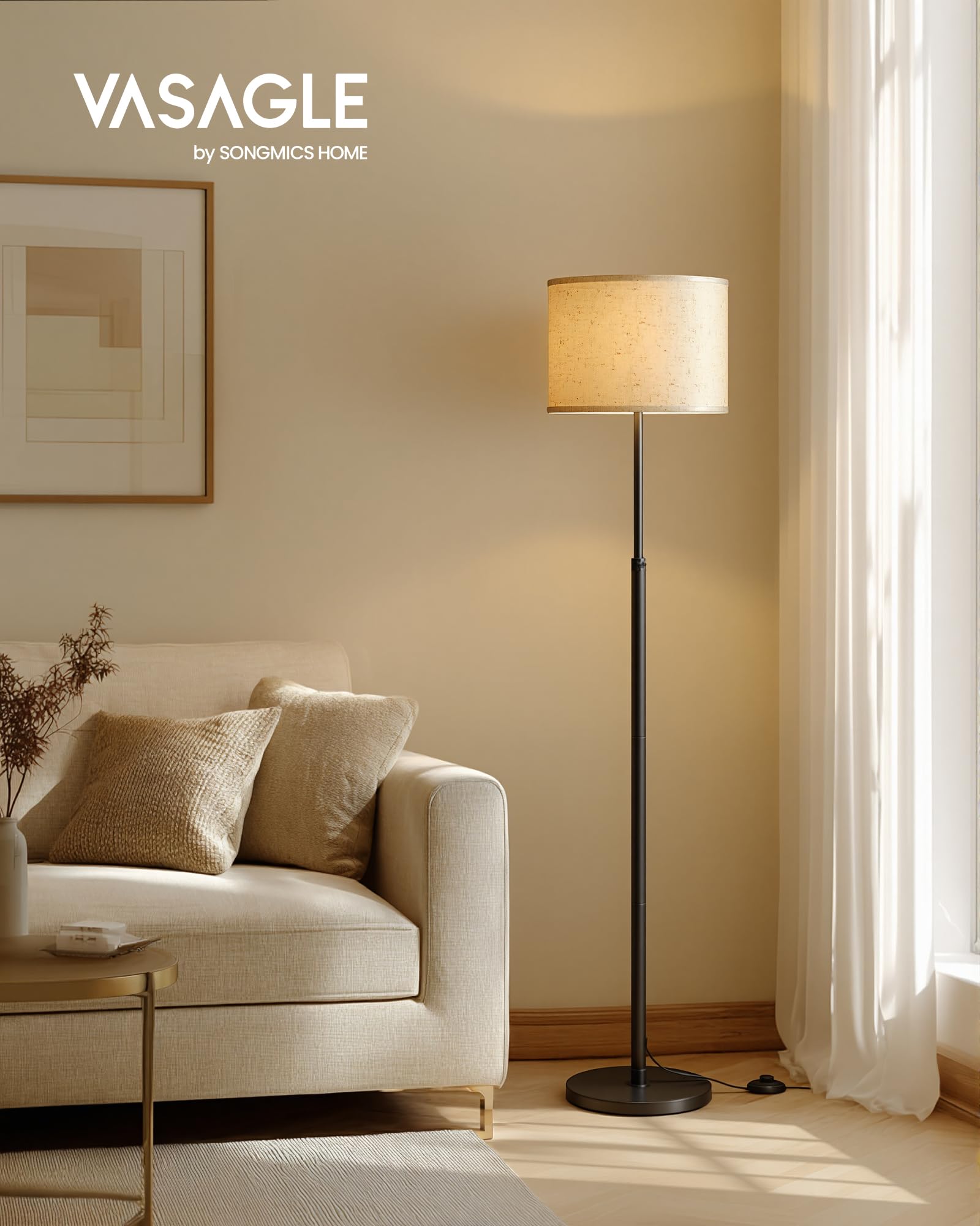 VASAGLE Lámpara de Pie, Lámpara de Lectura Regulable en Altura, 140-170 cm de Altura, Interruptor de Pedal, Pantalla de Tela, Casquillo E27, Negro Tinta LFL002BH02