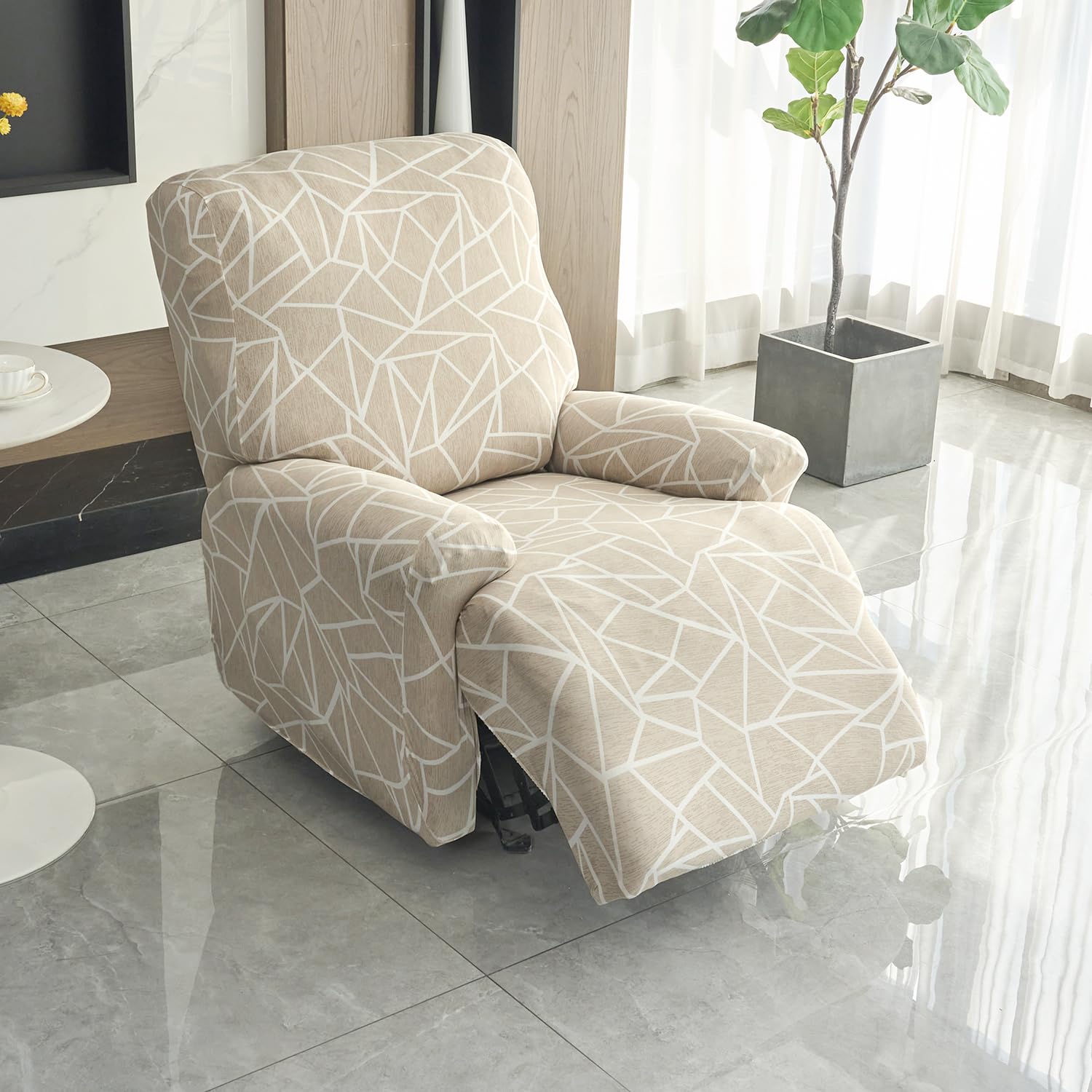 HOKIPO Polyester 140gsm Fully Covered Recliner Sofa Cover 1 Seater, Beige Abstract Geometry (AR-4940-C3)