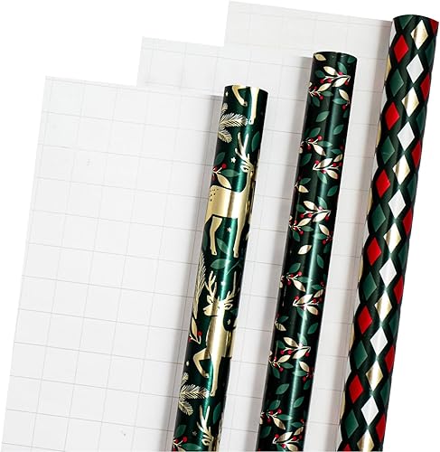 Vista 34 de LeZakaa Mini rollo de papel de regalo de Navidad azul, muñeco de nieve, reno, bola de cristal, árbol de copo de nieve, papel de regalo metálico