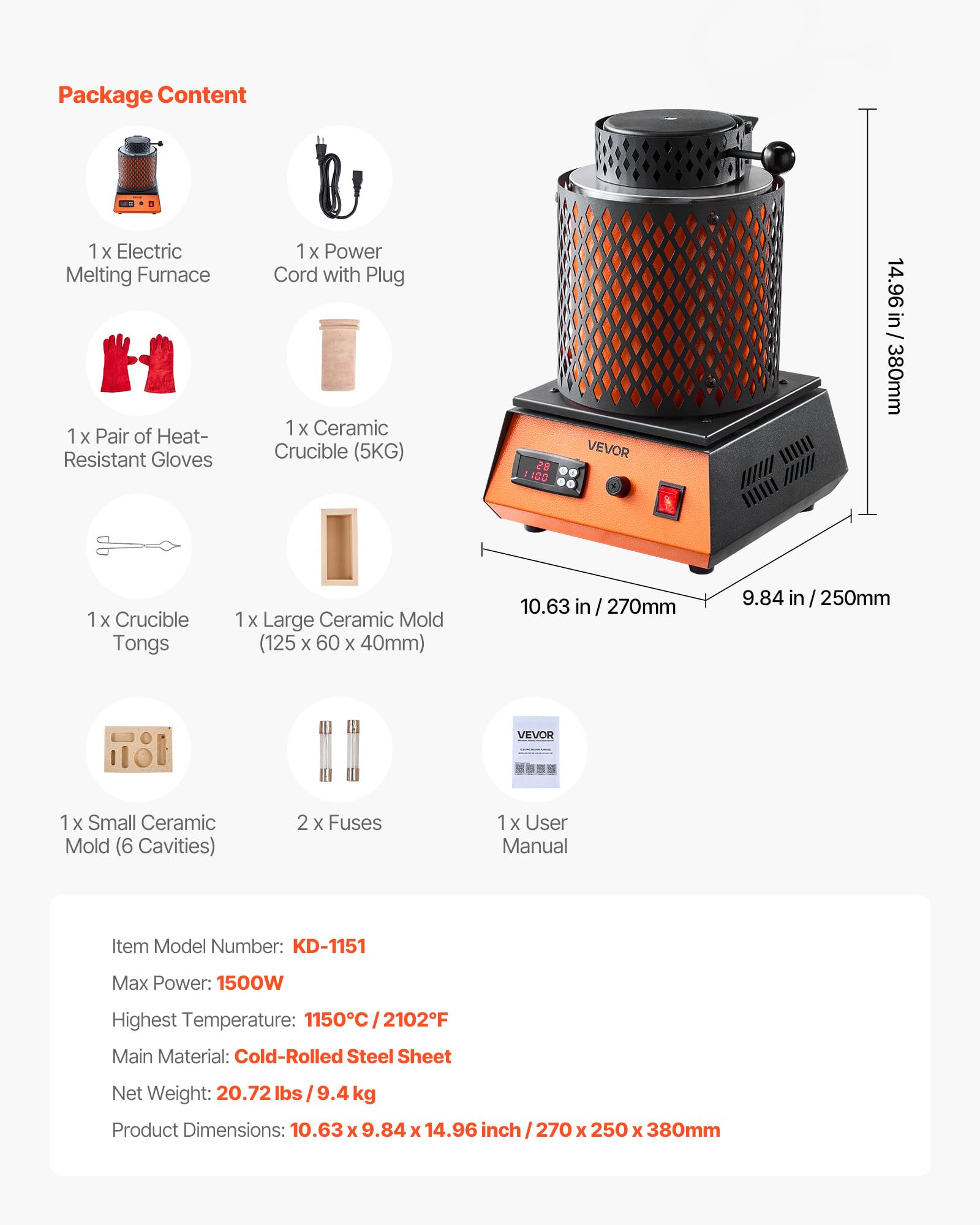 VEVOR Forno di Fusione Elettrico, 1500 W Macchina per Fusione di Metalli da 1150 ℃ con Crogiolo in Ceramica da 5 kg, Kit per Oro per la Creazione di Gioielli, Barre di Metallo, Componenti Metallici