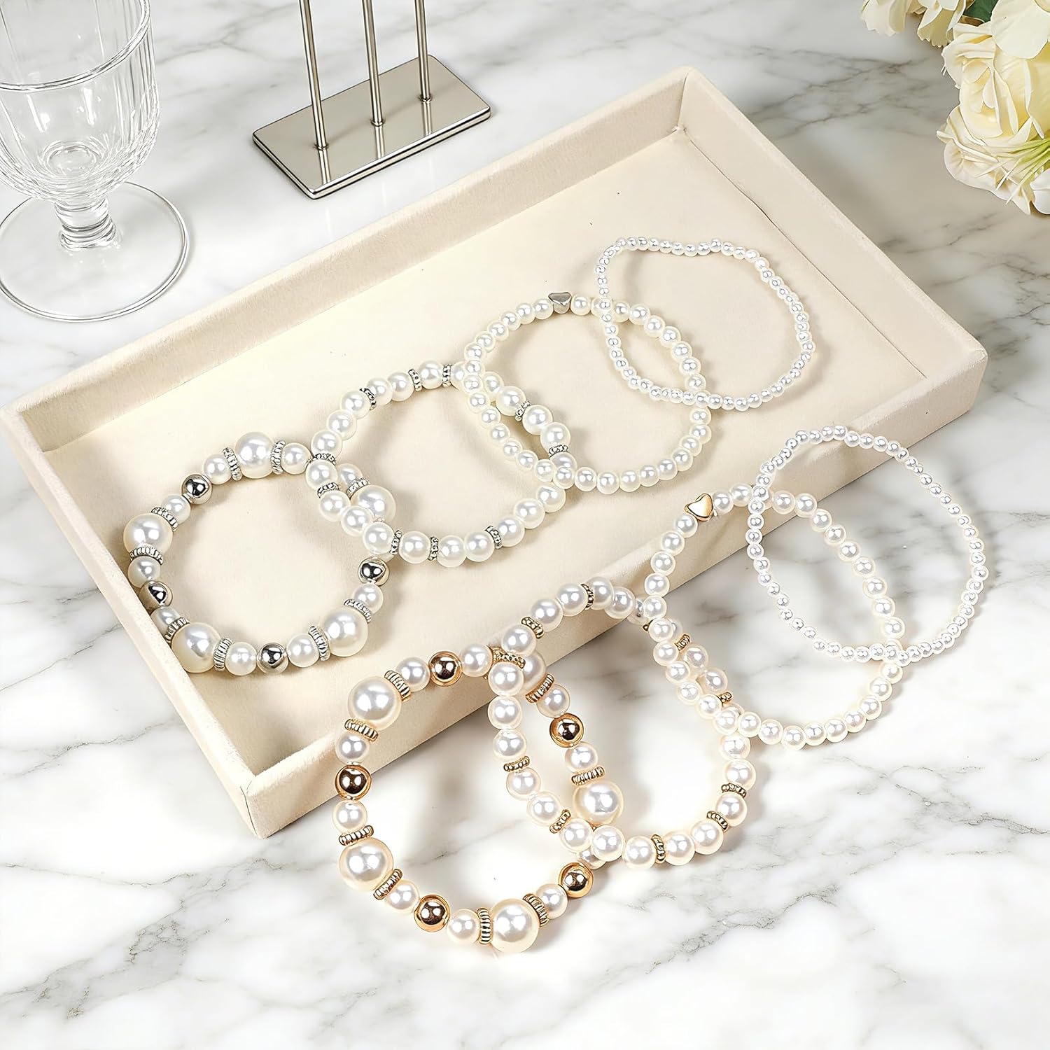 Pearl Bracelets for Women Chunky Simulated Pearl Beaded Bracelet White Pearls Stackable Stretch Bracelet Set Multilayered Elastic Beaded Pearls Bracelets for Women Bridesmaid Bridal Jewelry (8-Pack) - Image 6