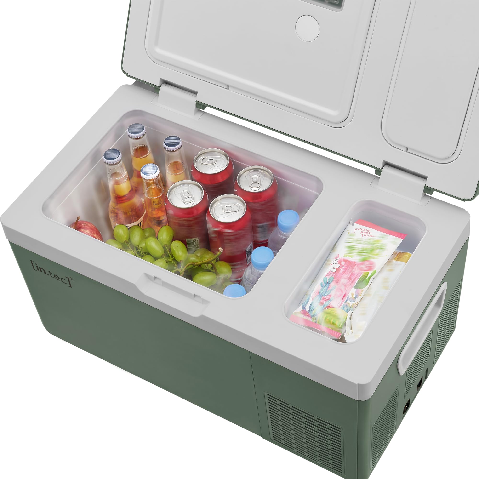 in.tec Nevera Portátil Eléctrica Arnesano Nevera Pequeña de Viaje Pantalla Digital LED con Compartimentos para Coche Barco Hogar Camping Camión hasta -20°C Plástico 15 L - Verde Militar