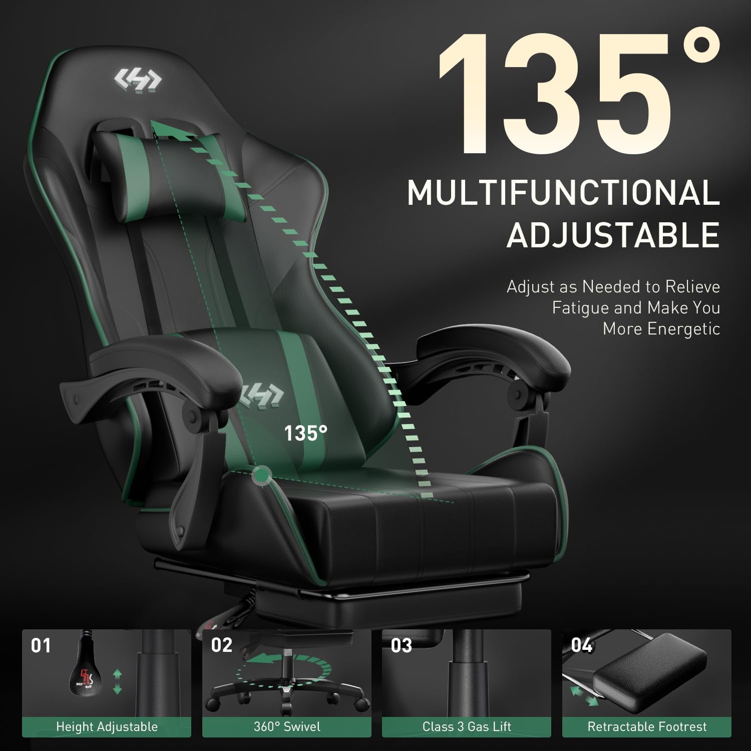 HLDIRECT Gaming Chair, Ergonomic Computer Office Chair with Lumbar Support, Footrest, Headrest, PU Leather, 360° Swivel, Adjustable Height, Metal Frame, 200 lbs Capacity (Black&Green)