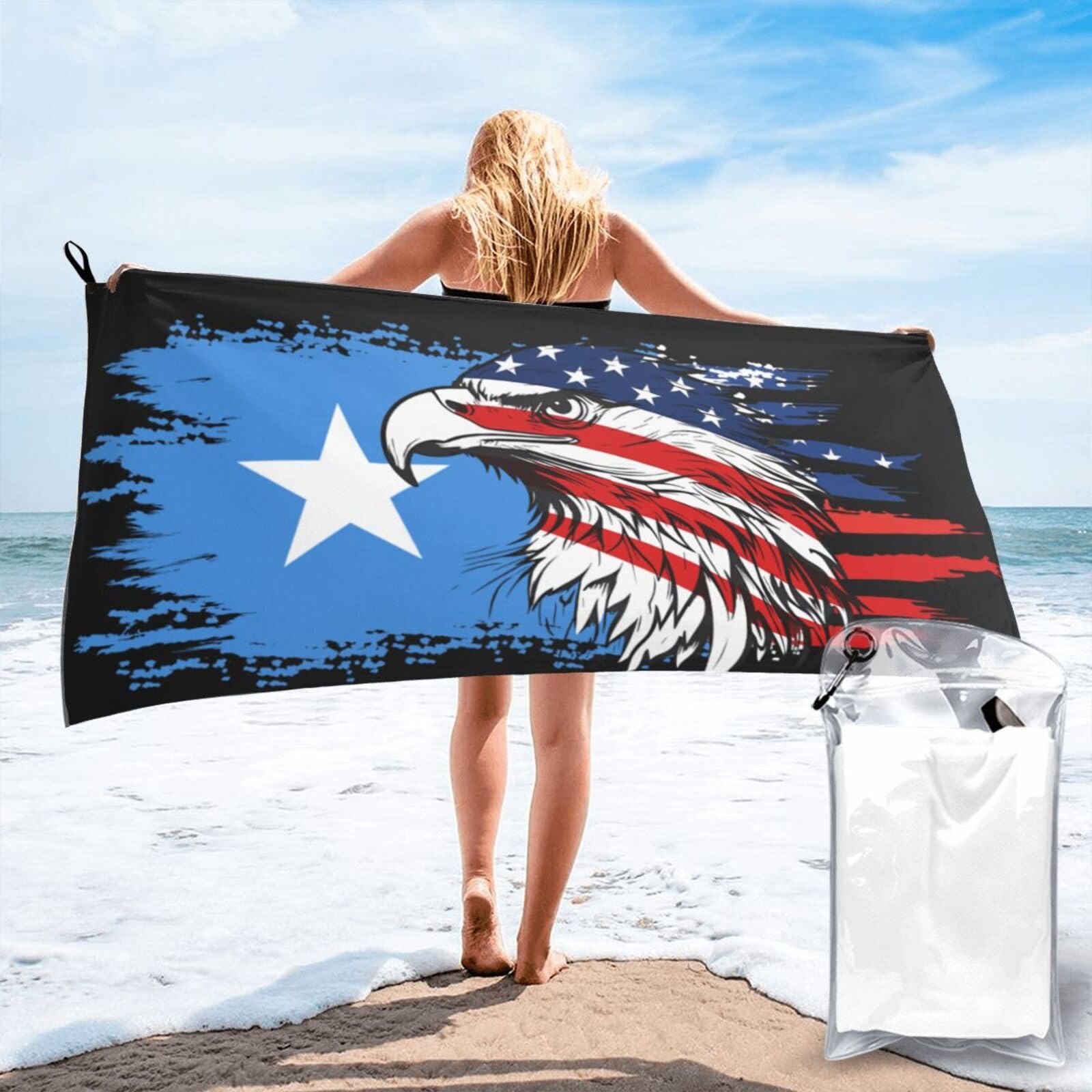 HACXZ America Flag and Somalia Somalian Flag Microfiber Beach Towel Lightweight Absorbent Travel Pool for Men Women 27.5"X55"