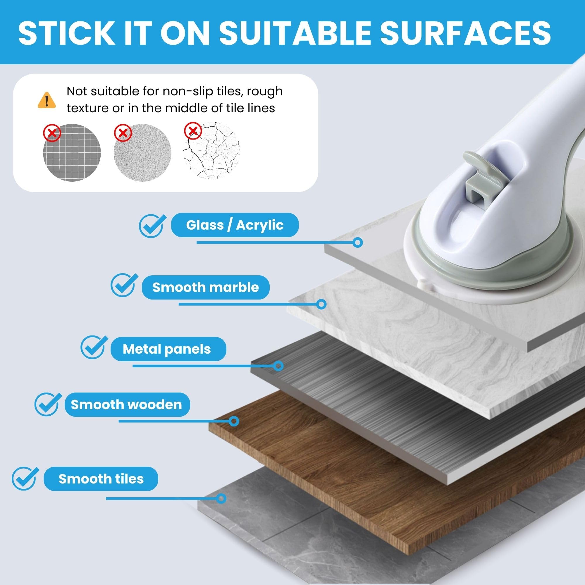 2X Barra de Agarre para Baño con Ventosa Antideslizante 42 cm | Asa de Seguridad para Bañera, Pasamanos de Ducha para Ancianos, Discapacitados, Niños, Peso Máximo 100Kg