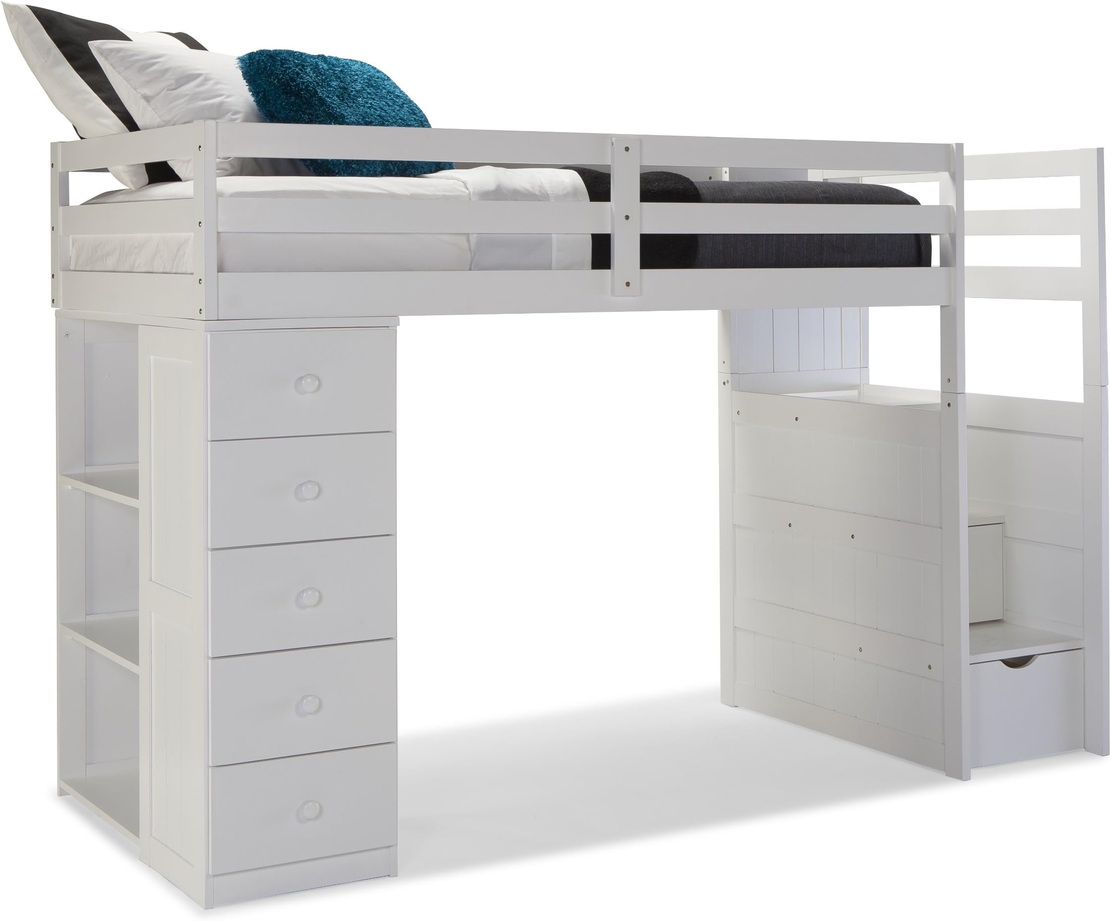 Mountaineer Loft Bed with Storage Tower and Built in Stairs Drawers, Twin, White