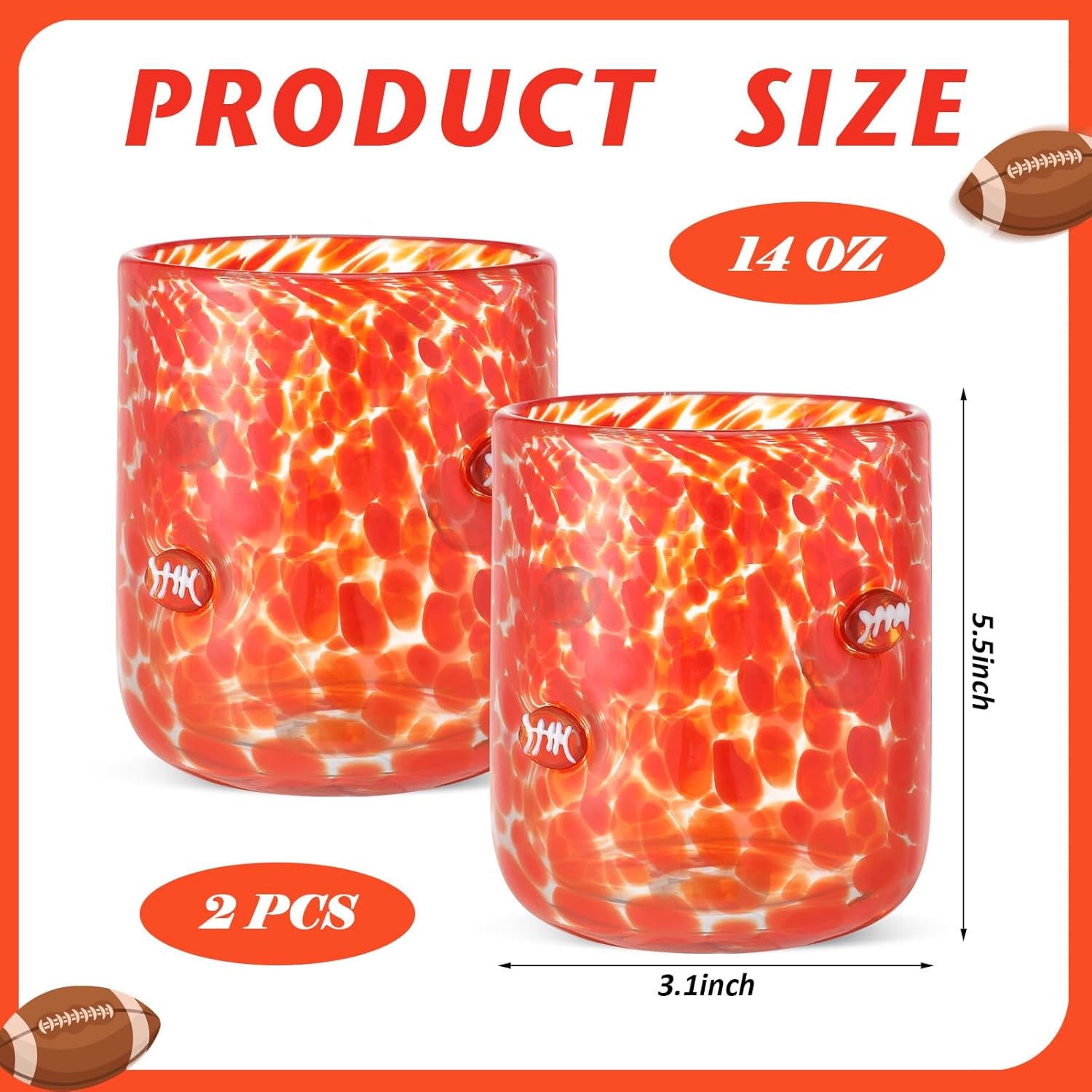 2 PCS Football Party Glass Cups - 14 oz Football Icon Stemless Wine Juice Coffee Drinking Glasses for Game Sports Day Party Supplies Gift (Red) - Image 2