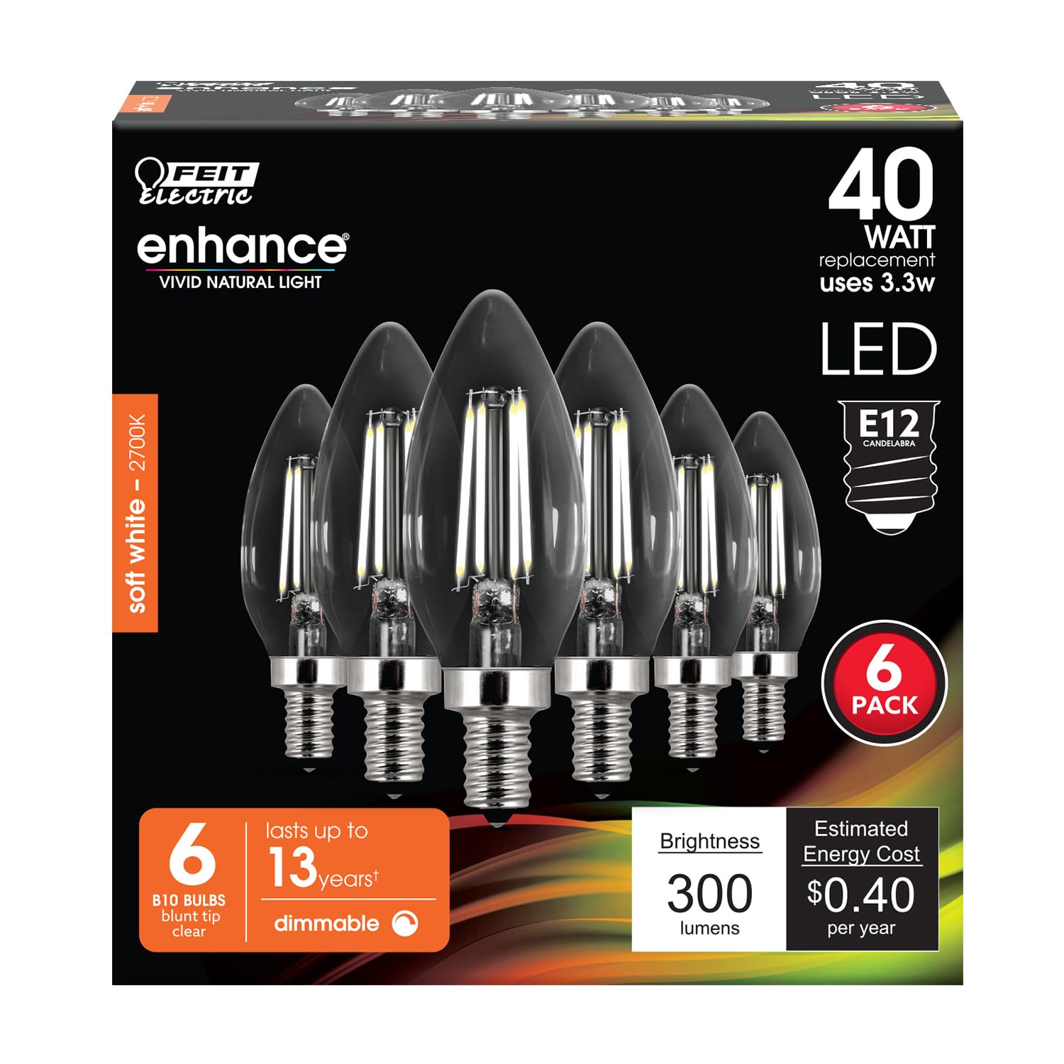 Feit Electric 40W Equivalent Candelabra LED Light Bulb, Dimmable, E12 Base, 2700K Soft White, B10 Filament Torpedo Tip Decorative Lighting Bulbs, 13-Year Lifetime, CTC40/927CA/FIL/6, 6-Pack