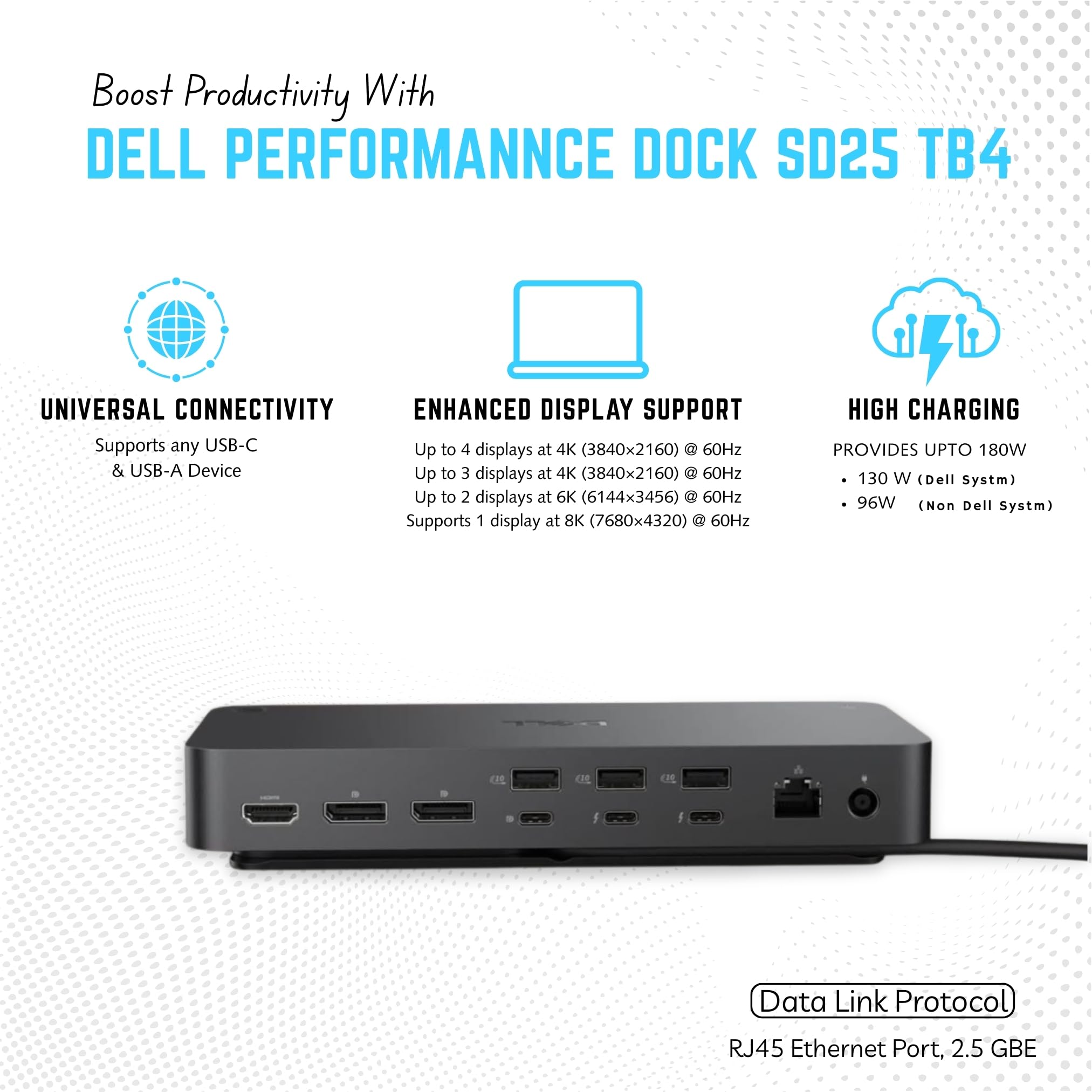 Dell Pro Thunderbolt 4 SD25TB4 Station d'accueil intelligente USB-C 130 W Puissance Delivery 4 K 2 DP 1.4 HDMI 2.1 2 TB4 2.5 GbE Wi-Fi