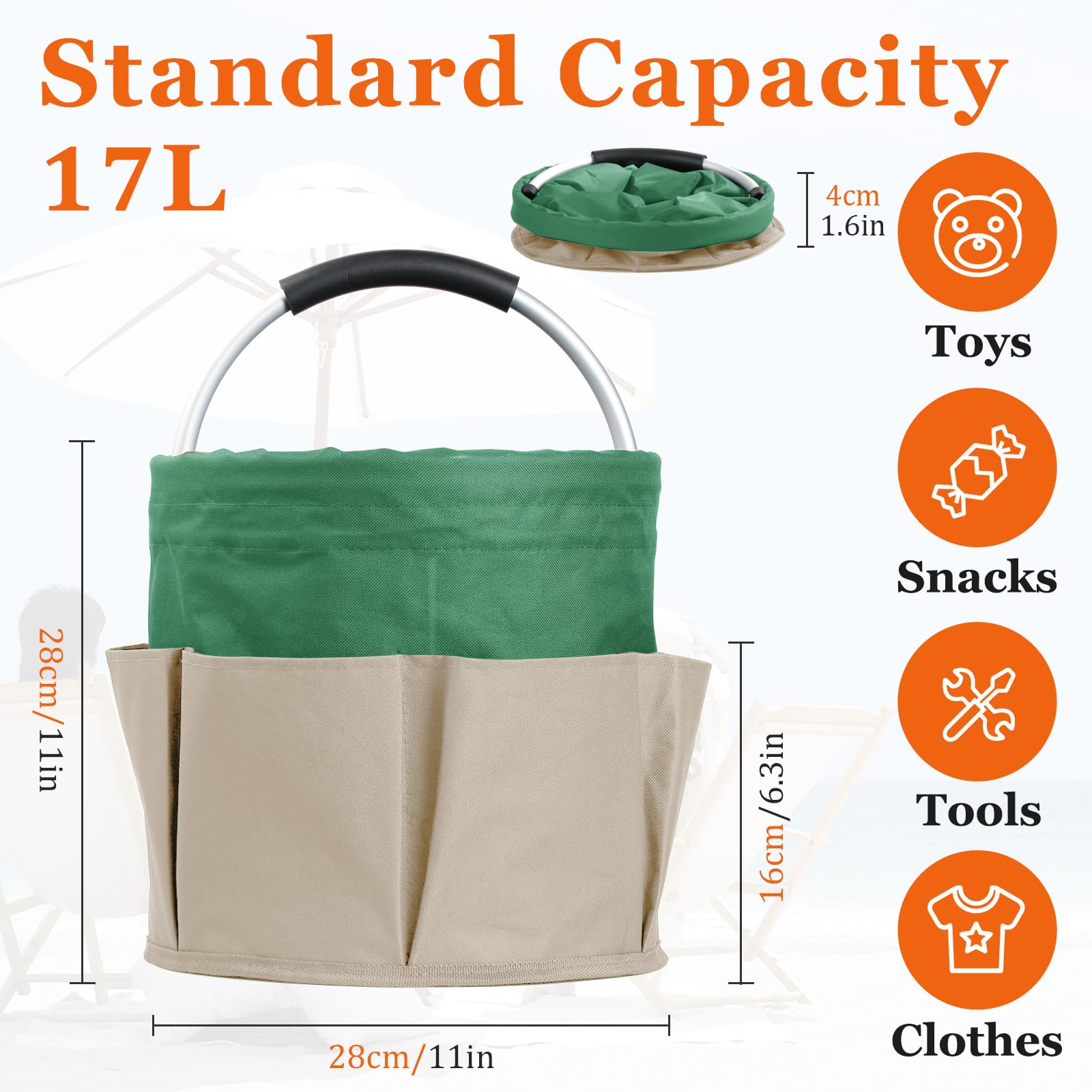 2Pcs Borsa Attrezzi con 6 Tasche, 17L Cestino porta Detersivi Salvaspazio, Cestino Picnic Portatile in Tessuto Oxford 600D, Cestini Portaoggetti per la Doccia, la Pulizia, Cachi con Verde