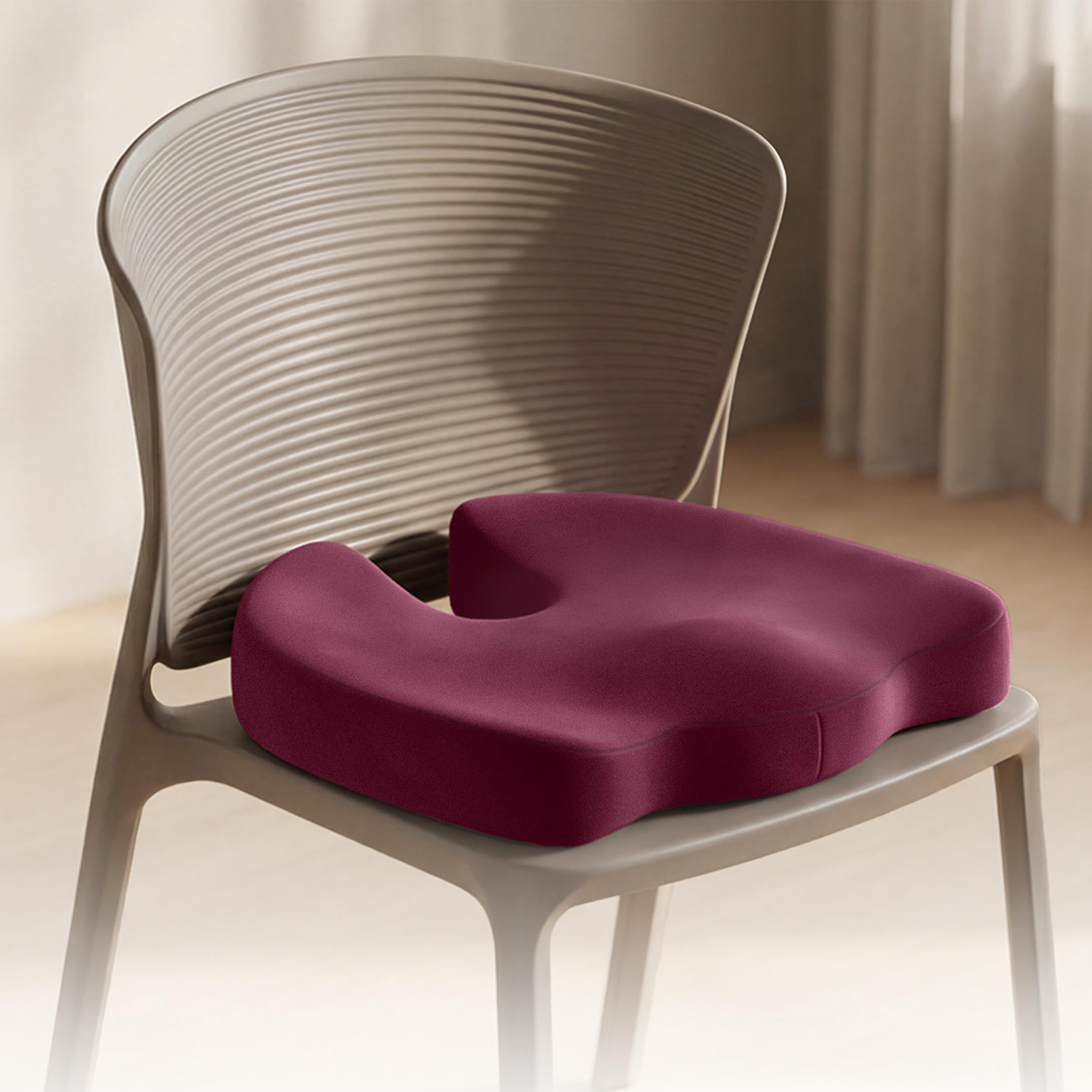 Frido XL Coccyx Seat Cushion for Tailbone Pain Relief | Orthopaedic Memory Foam Chair Cushion for Office Chair, Car Seat & Work from Home | Anti Slip Base | Large Ergonomic Sitting Pillow – Red Wine