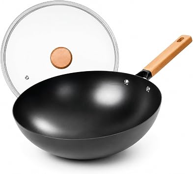 ANGORA BRANDS 12.5" Round Bottom Carbon Steel Wok with Lid - Authentic Stir Fry Pan for Gas Ranges - Professional Grade Chinese Wok for High Heat Cooking - Wood Handle - Nonstick Coating