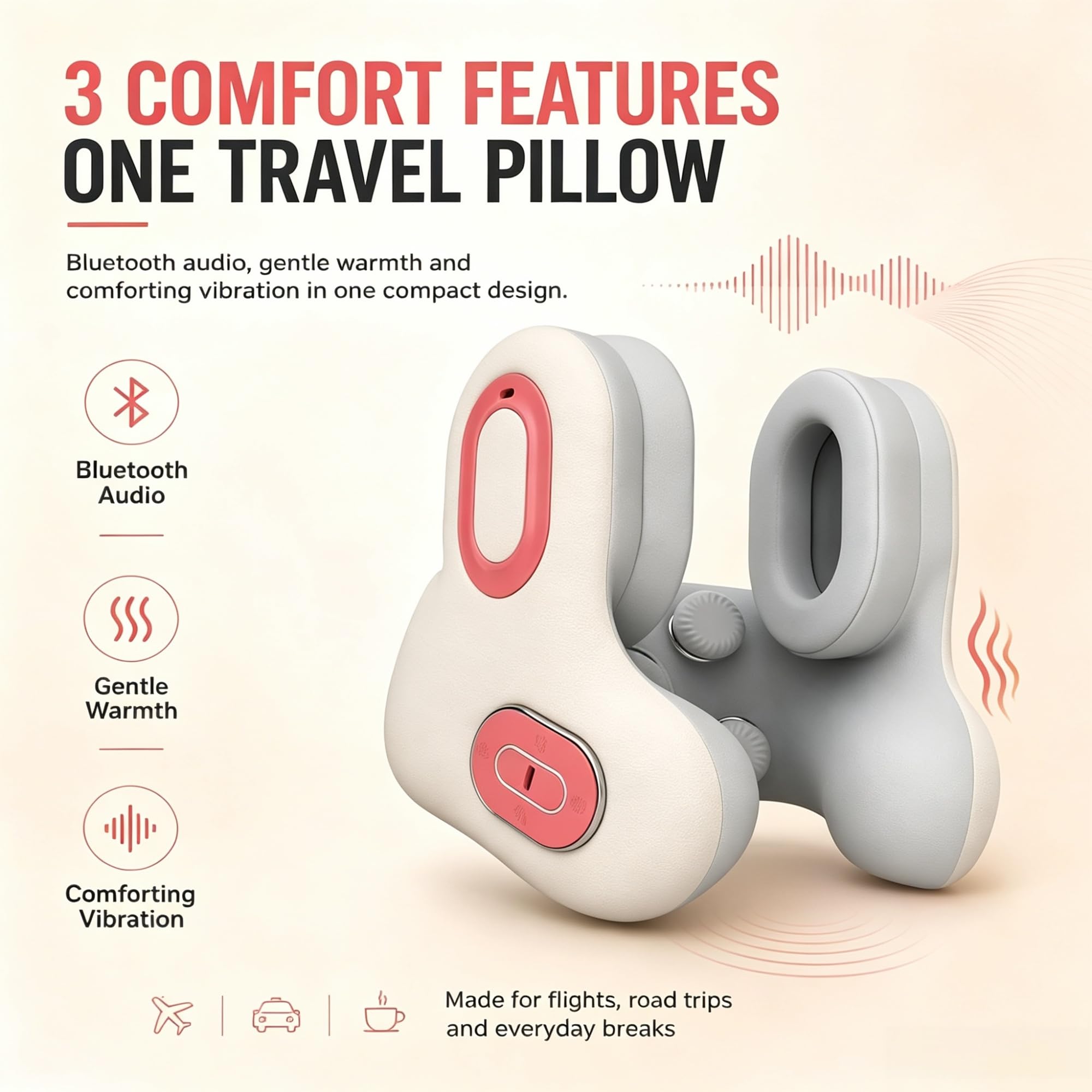 Almohada De Viaje con Bluetooth, Almohada Cervical De Espuma Viscoelástica Ergonómica, Reproductor De Música Integrado, Cojín De Cuello Portátil para Avión, Coche, Oficina Y Hogar