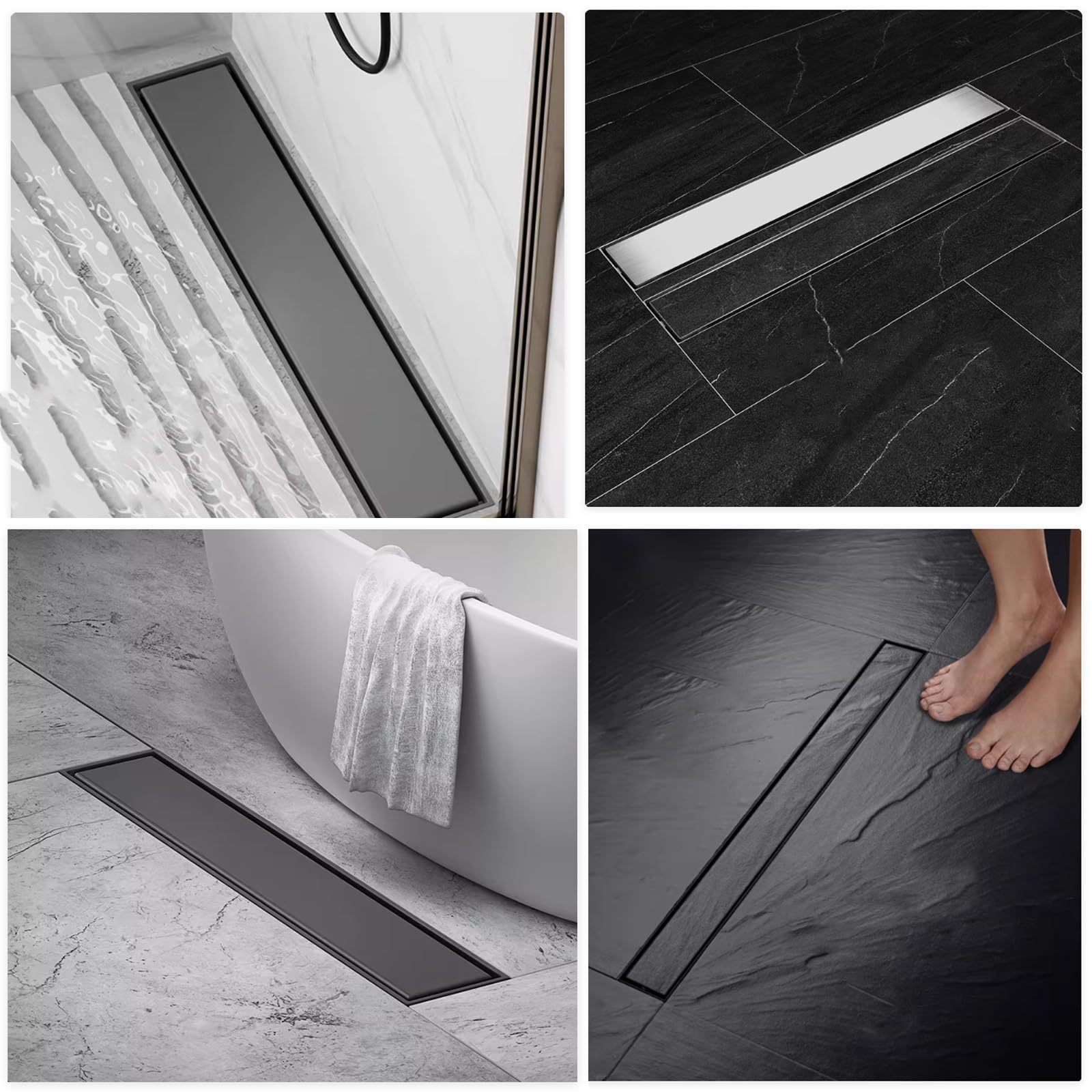 Desagüe de Suelo Invisible Desagüe Lineal Esbelto De Acero Inoxidable, Desagüe De Canaleta para Baño Cocina con Salida Lateral Y Bandeja para Revestimiento Cerámico(Gray,L 11 4/5 in(30cm))