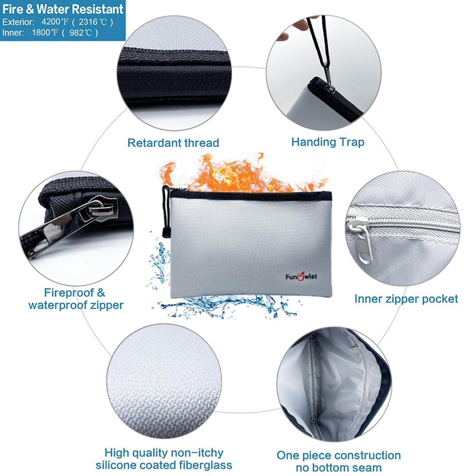 Lot de 2 porte-documents ignifuges 34 x 25 cm - Sac étanche et ignifuge - Grande capacité - Pour documents, argent, passeport, fichiers bancaires et espèces