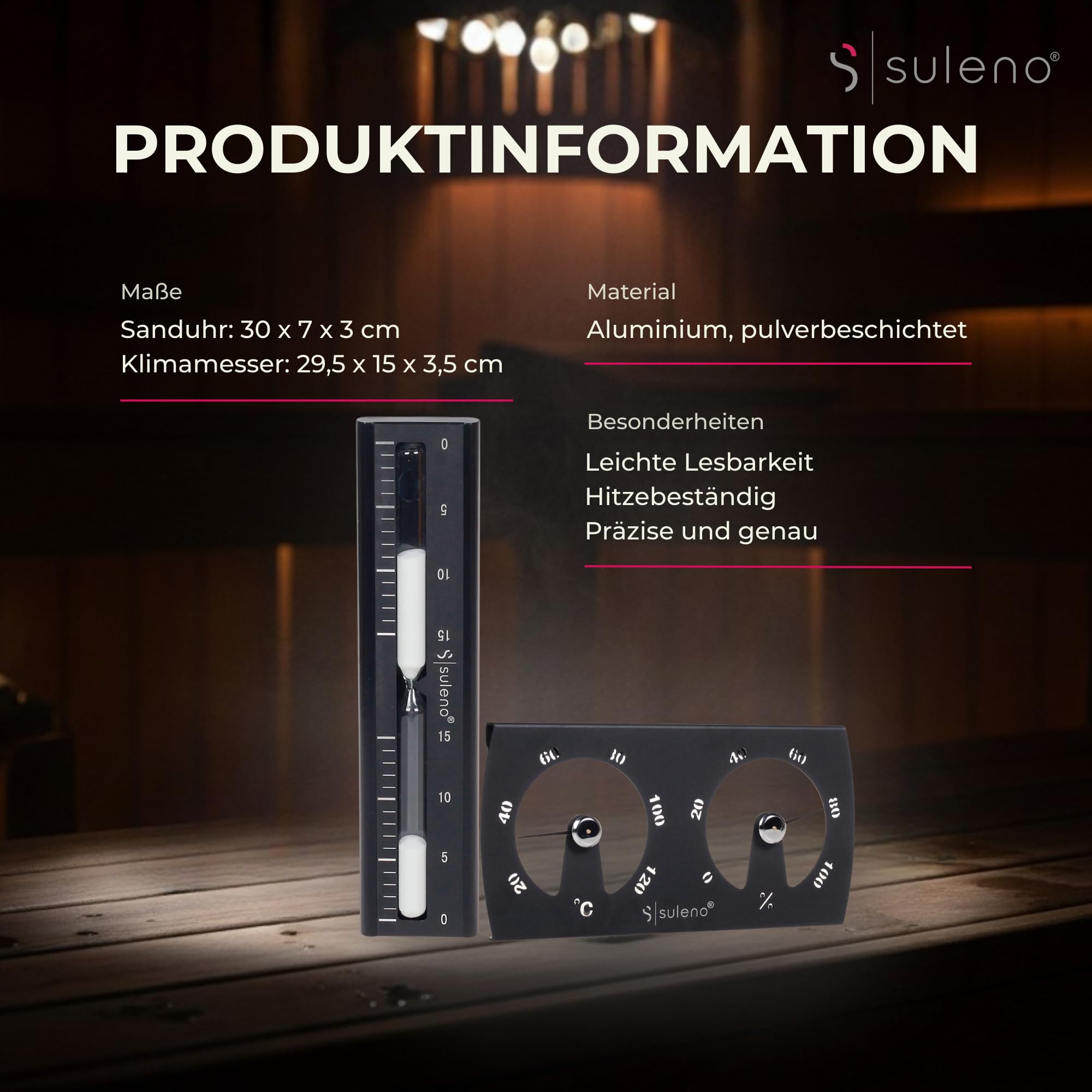 SULENO Sauna Set KJELL 2-teilig, Sanduhr 5-15 Minuten, Klimamesser, Schwarz | Thermometer 20-120°, Hygrometer 0-100%, Saunazubehör, hitzebeständig, modern, Wandmontage, Sandclock, Zeitmesser, Messgerät