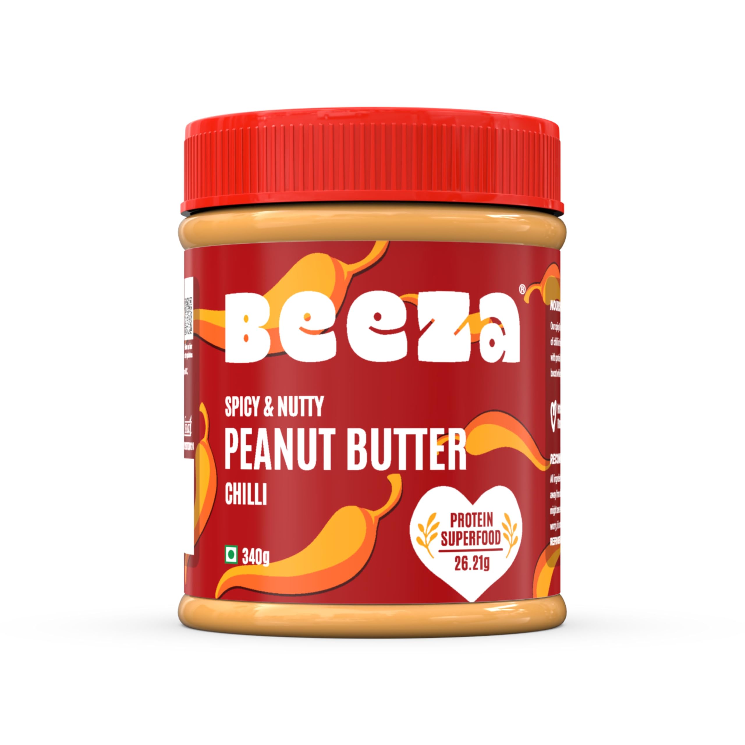 Beeza Chilli Peanut Butter 340g | Spicy and Nutty | 26g High Protein |Premium Roasted Peanuts | High Fiber | No Cholesterol | Zero Preservatives | Vegan |Smooth Spread