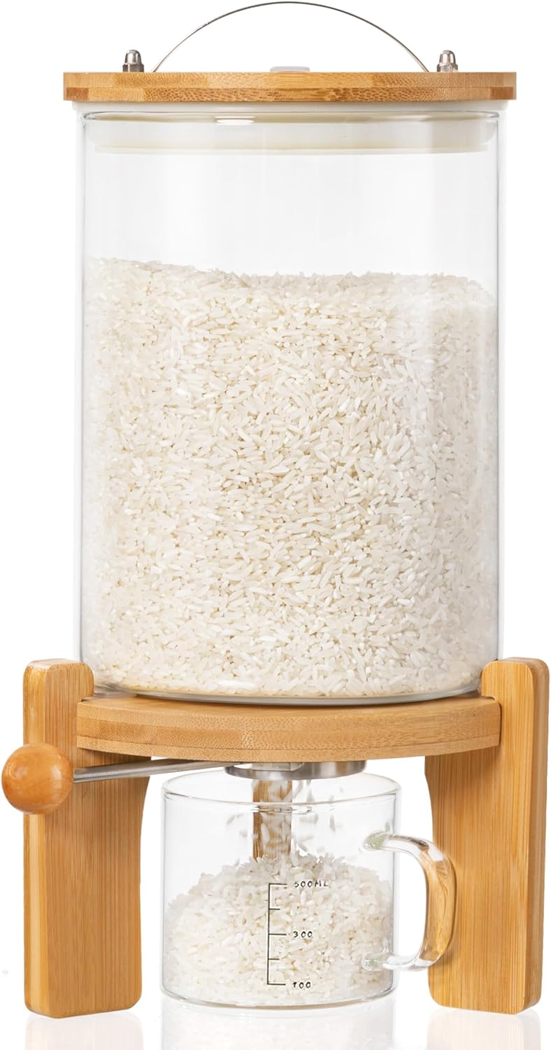 5-7 Lbs Glass Rice Dispenser with Wooden Stand Flour and Cereal Container with Glass Measuring Cup Pantry Food Organization Storage Bin with Airtight Bamboo Lid, 3L