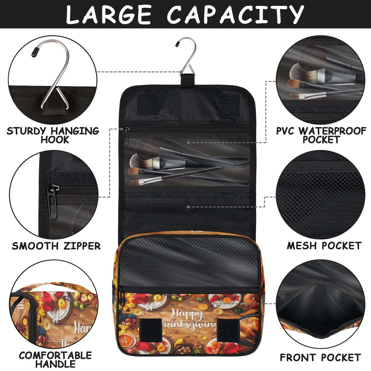 Wesołych Świąt Dziękczynienia Podróżna Kosmetyczka Święto Dziękczynienia Mycie Torebka Unisex Wiszące przybory toaletowe Kosmetyczka Organizer do makijażu, wielobarwny, Jeden rozmiar