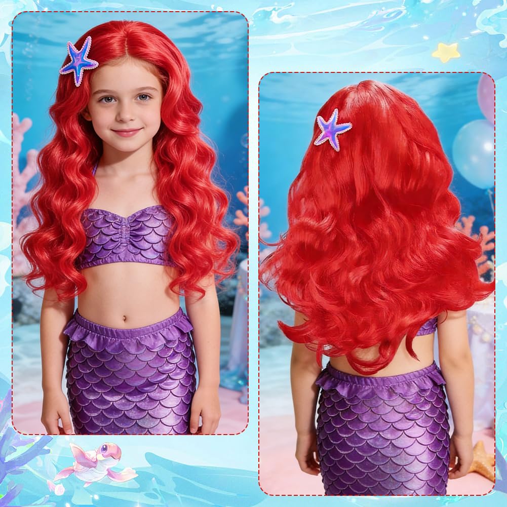 AOOWU Peluca Infantil de Sirena Princesa Sirena para Niña, Pelucas Princesa Cosplay, Peluca Roja Ondulada Sirena NIña para Halloween, Carnaval, Fiesta, Cumpleaños, Cosplay — view 4