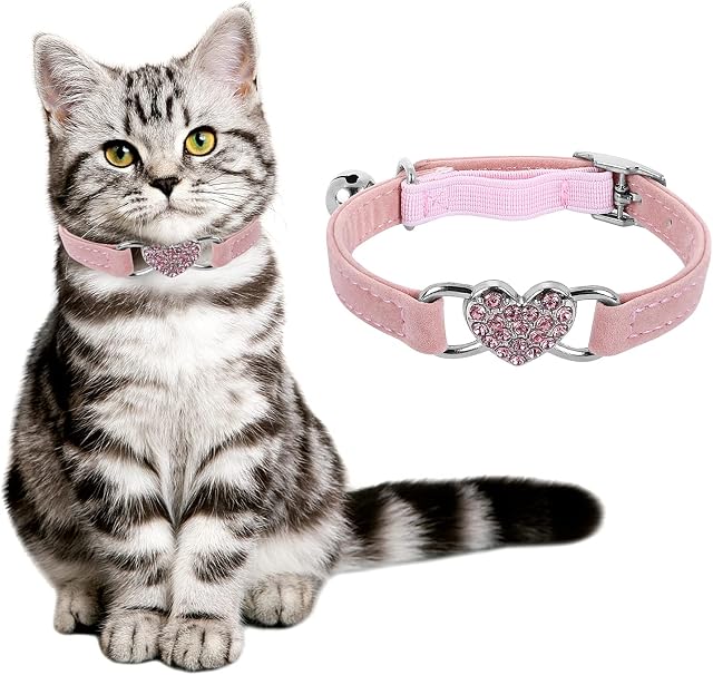cobee Bling Heart obroża dla kota z dzwonkiem, regulowana obroża dla kota z paskiem bezpieczeństwa, obroża dla zwierząt domowych z kamieniami strasu, dla małych kotów i psów (różowa)