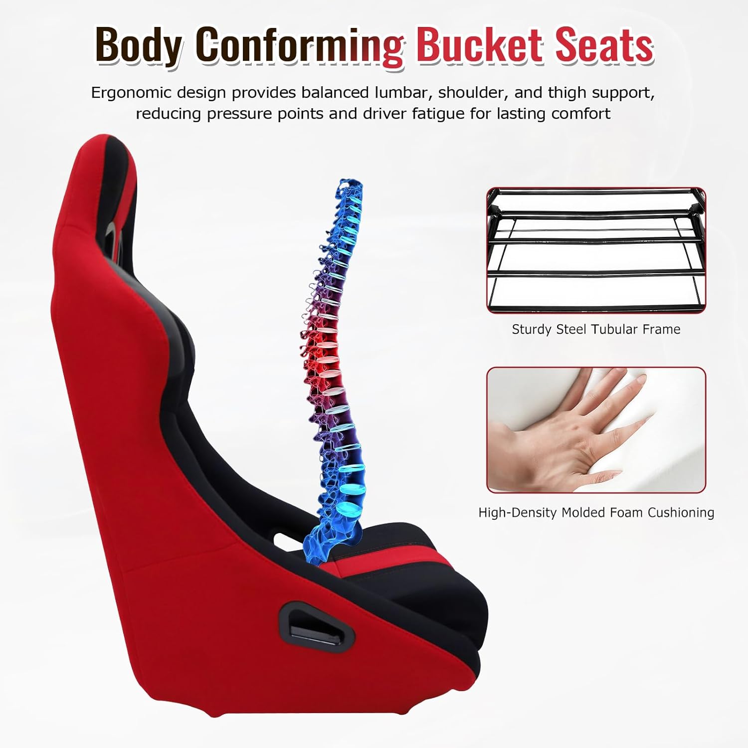FREEMOTOR802 Universal Fit Bucket Racing Seats with Dual Lock Slide Rails, Non-reclining Car Sport Seats, Simulator Racing Chairs, 4/5/6-Point Harness Compatible, Black & Red Pineapple Fabric, 2PCS
