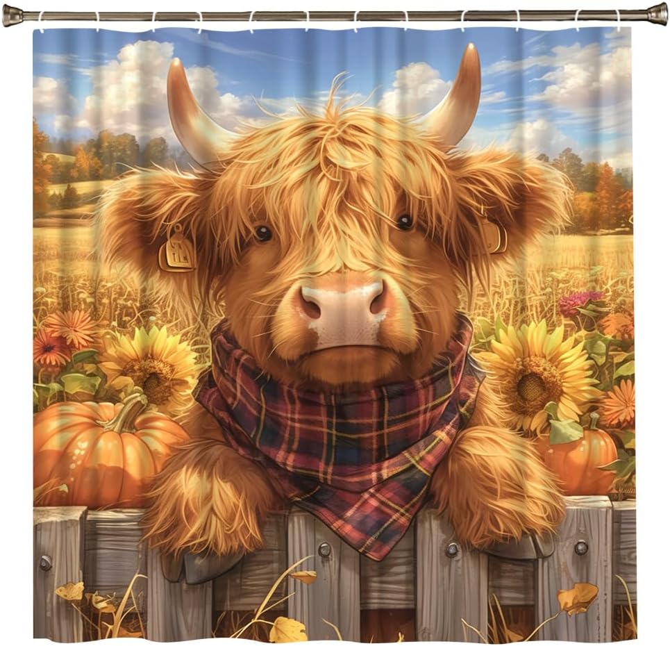 Funny Cute Calf Shower Curtain Highland Cow Fall Sunflower Pumpkin Farm Animal Autumn Thanksgiving Day Rustic Farmhouse Longhorn Cattle Bull Country Bathroom Accessories Set with Hook 70Wx90H Inch
