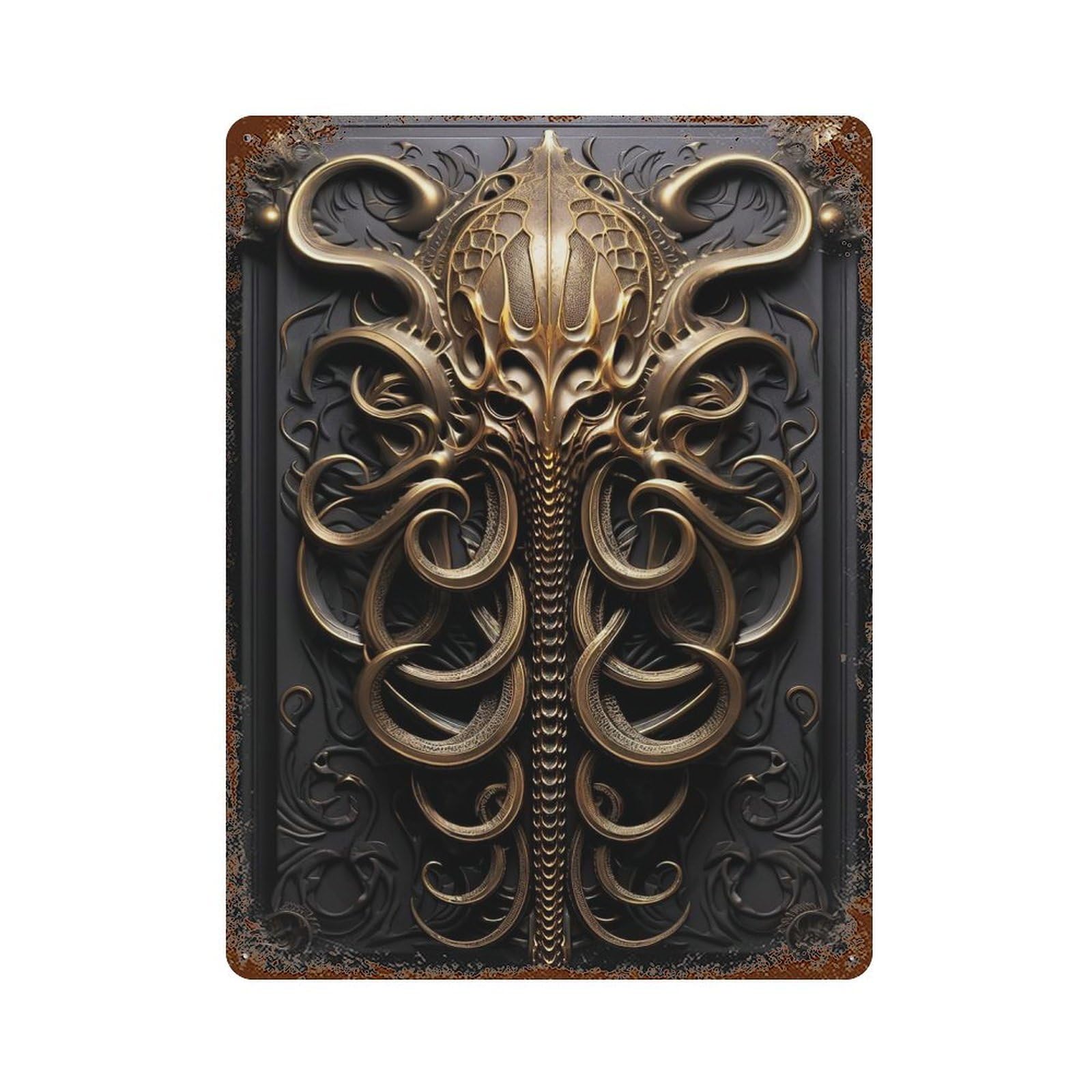 Rust Effect Golden Cthulhu Kraken Art Rusty Metal Tin Sign 15.7"x11.8", Farmhouse Wall Decor for Cafe, Home Bar And Lounge Decor