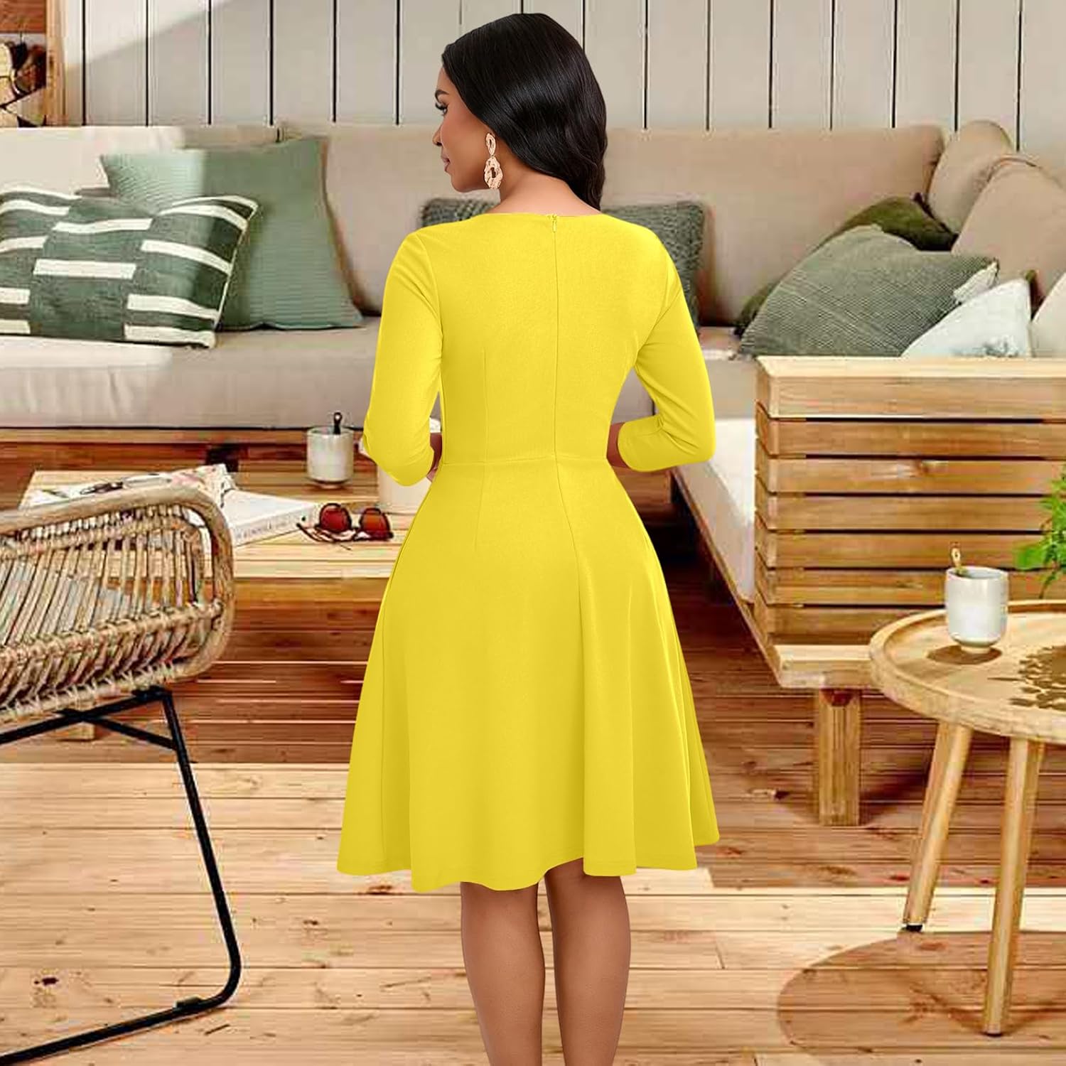 Women's Casual Long Sleeve Midi Dress Elegant A Line Empire Waist Crew Neck Flowy Swing Dress - Image 3