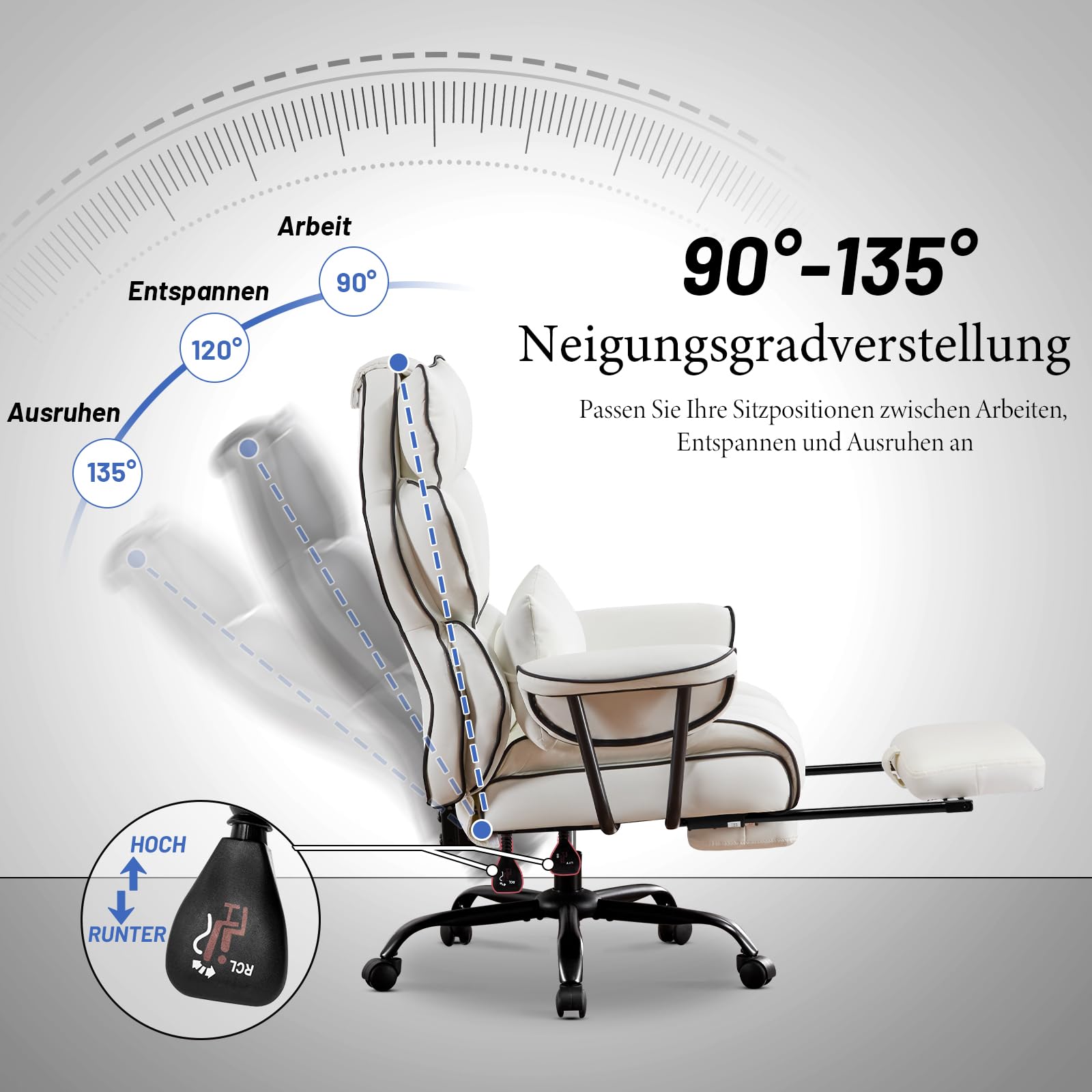 Gaming Stuhl Bürostuhl Ergonomisch, PU Leder Chefsessel, Bürostuhl 200kg mit Fußstütze und Lendenwirbelstütze, Home Office Stuhl Verstellbarer Stuhl mit hoher Rückenlehne, Drehstuhl (Weiß)