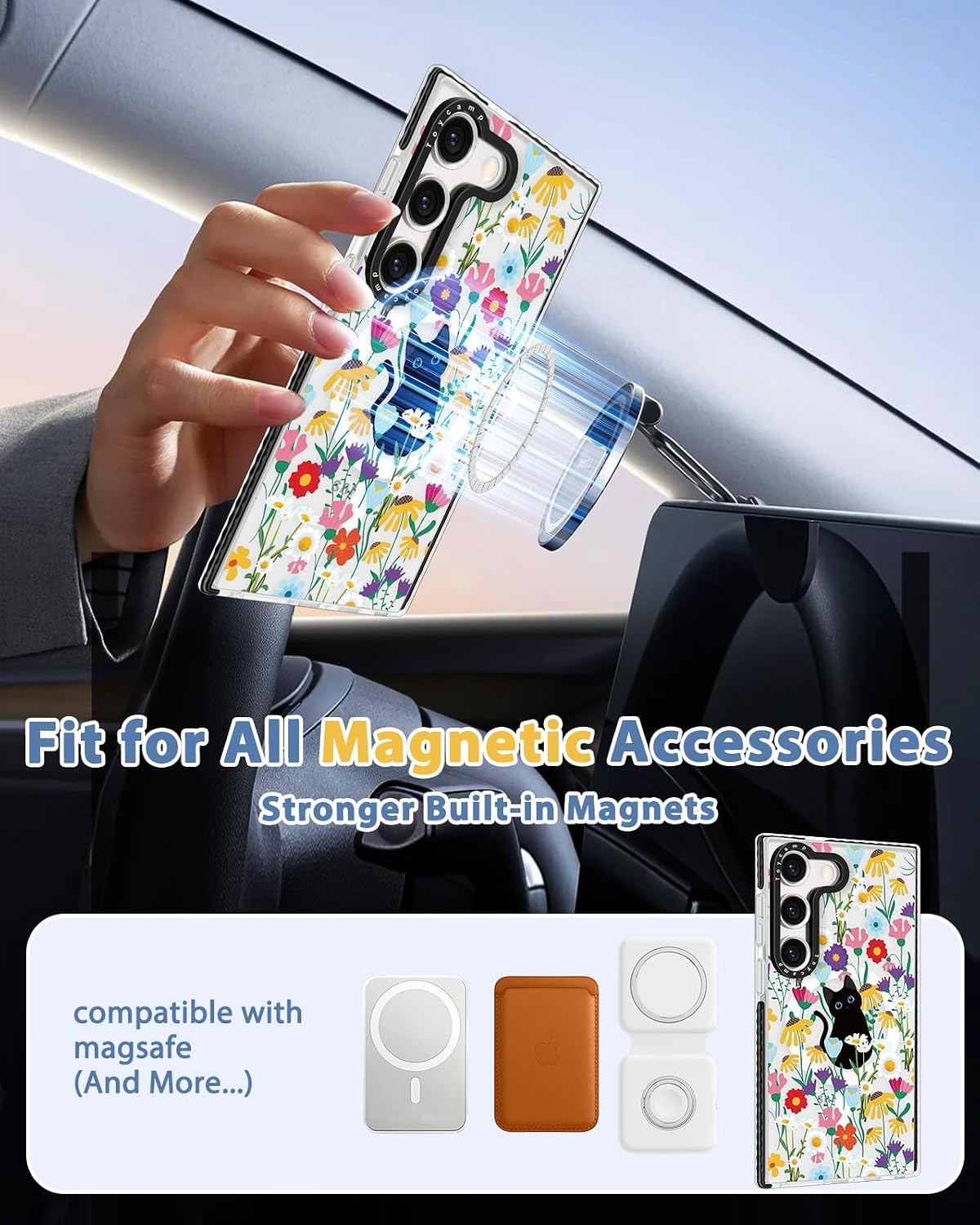 Toycamp for Samsung Galaxy S23 Plus Case - Compatible with Magsafe Clear Cute Design 360°Magnetic Ring Holder Stand Kickstand Cat Flower Girly Pretty Fashion Phone Covers for Women Teen image 4