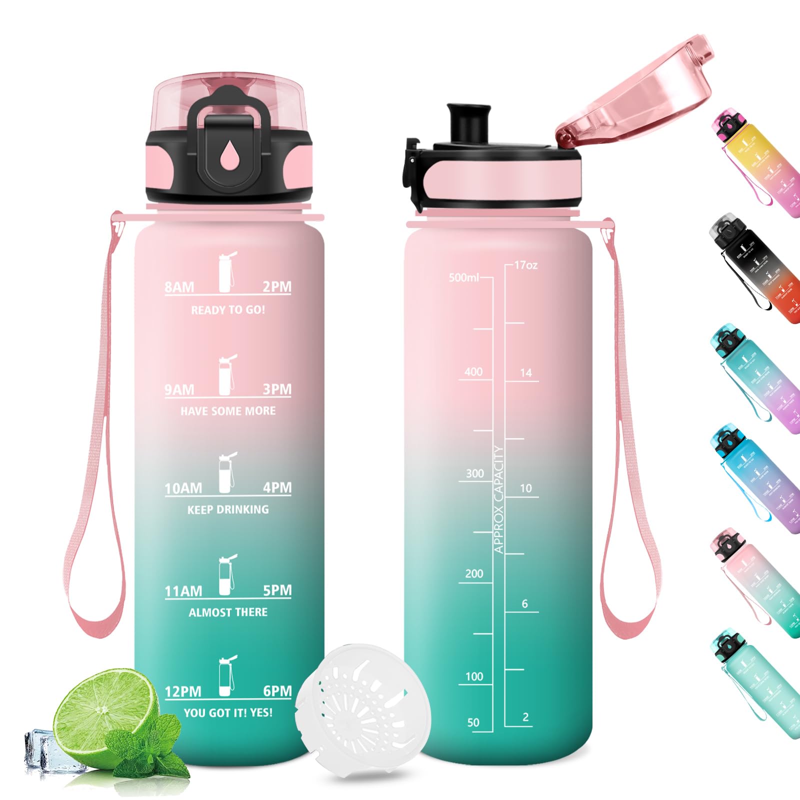 KollyKolla Trinkflasche 500ml, Wasserflasche Auslaufsicher, Sport Trinkflasche Kohlensäure Geeignet, Fahrrad mit Zeitmarkierung und Filter, für Kinder, Outdoor, Camping, Büro, Sport, Fitness