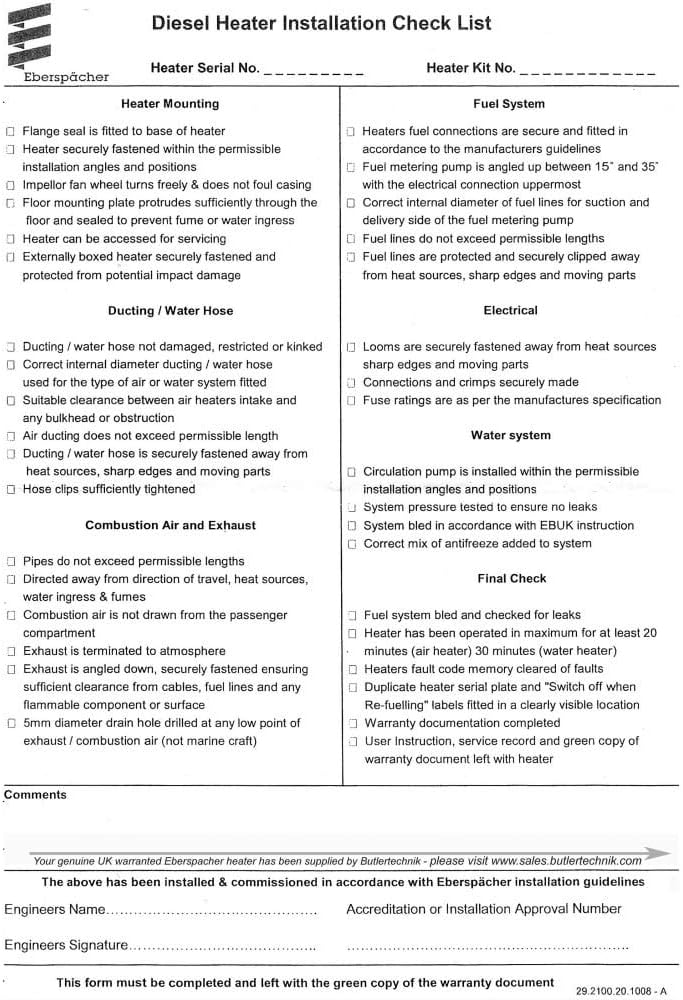 Eberspacher Airtronic D2 Diesel Heater Installation Checklist