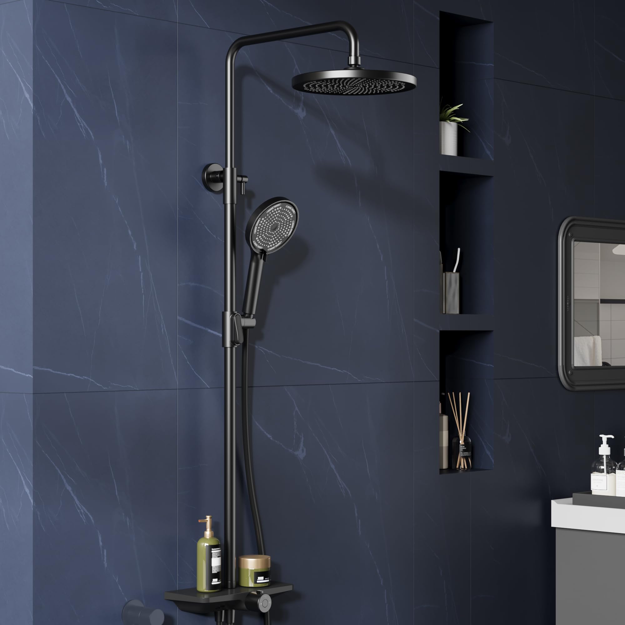 Zstar Modernes Duschsystem Komplettset ohne Armatur – Höhenverstellbare Edelstahlduschsäule mit 25 cm runder Regendusche – Handbrause mit 3 Strahlarten – Mit Ablage – Für modernes Bad